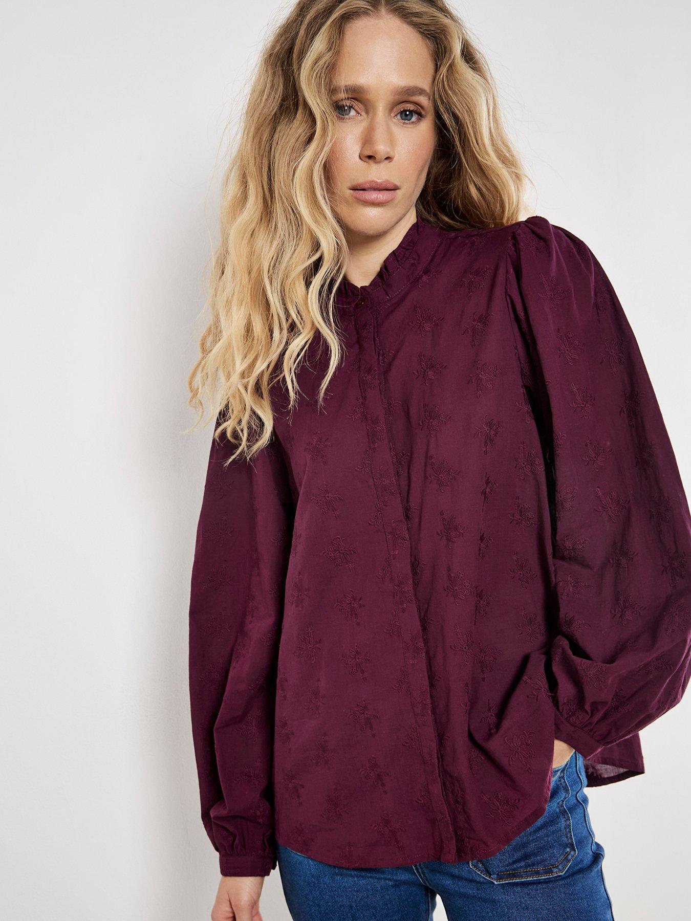 Apricot Frill Collar Embroidered Shirt - Red