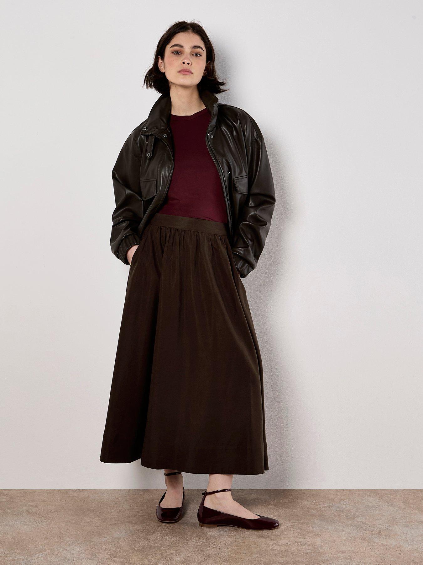 Apricot Peach Slub A-Line Midaxi Skirt - Brown