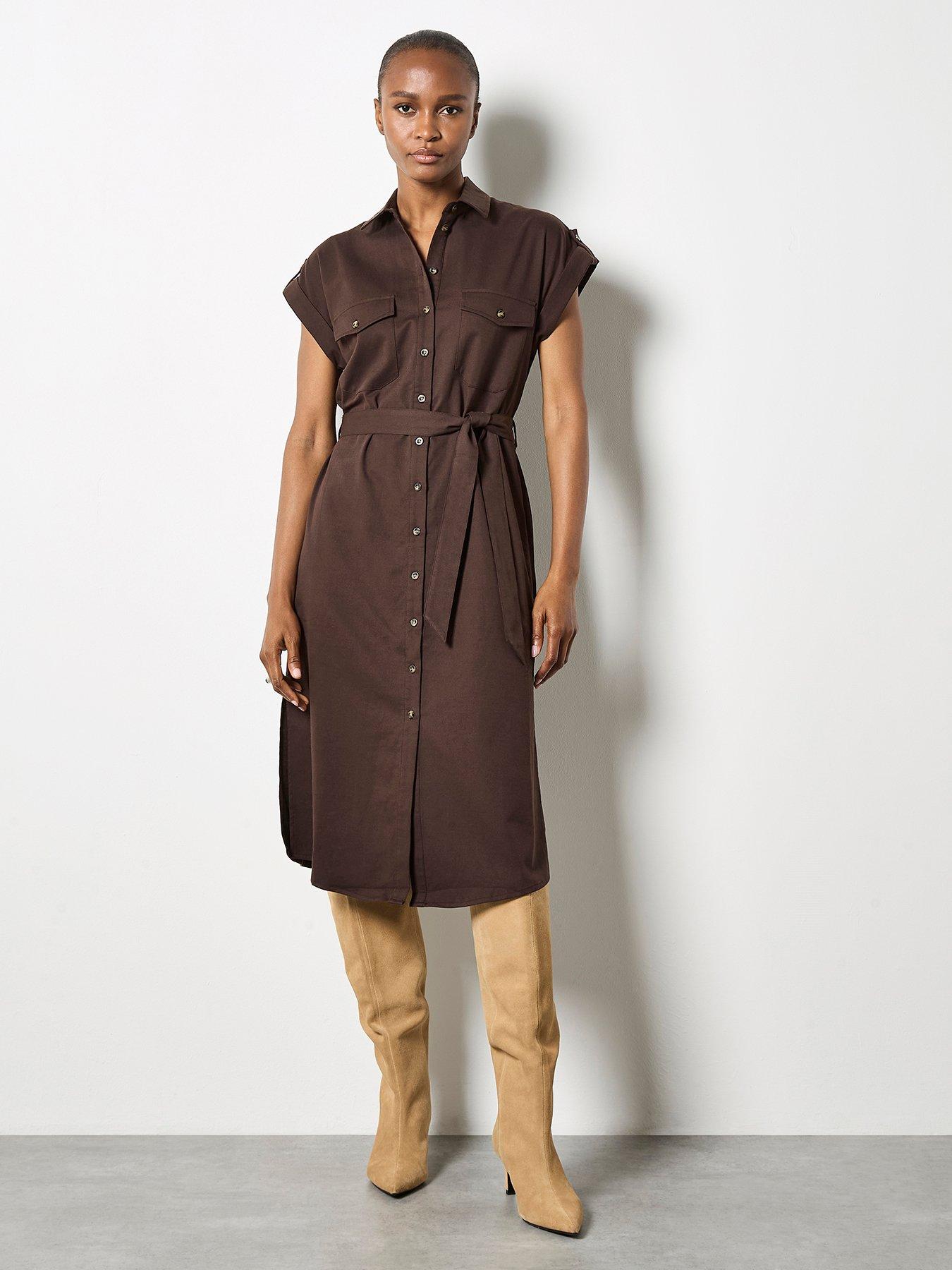Image 1 of 5 of Apricot Midi Belted Dress - Brown