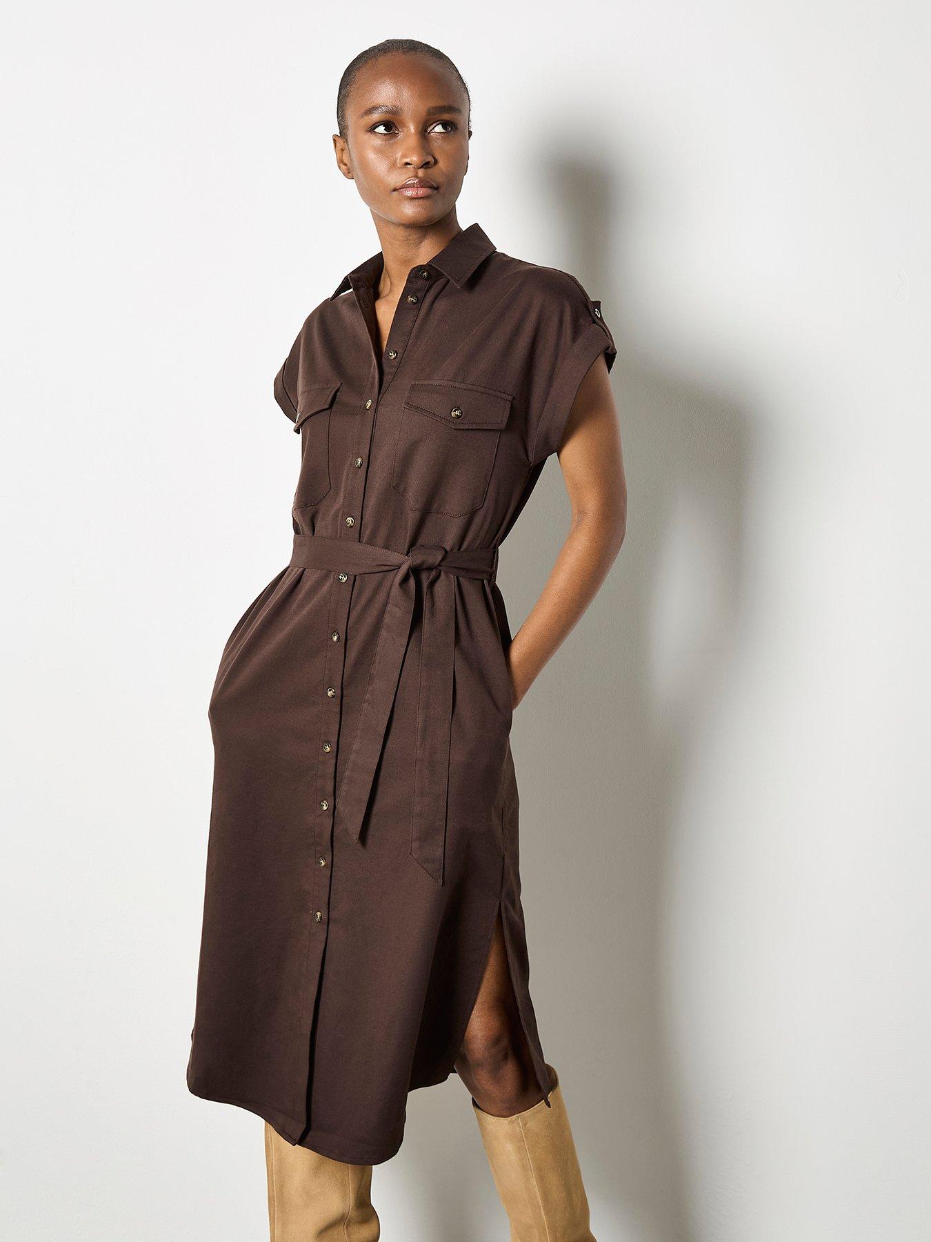 Image 3 of 5 of Apricot Midi Belted Dress - Brown