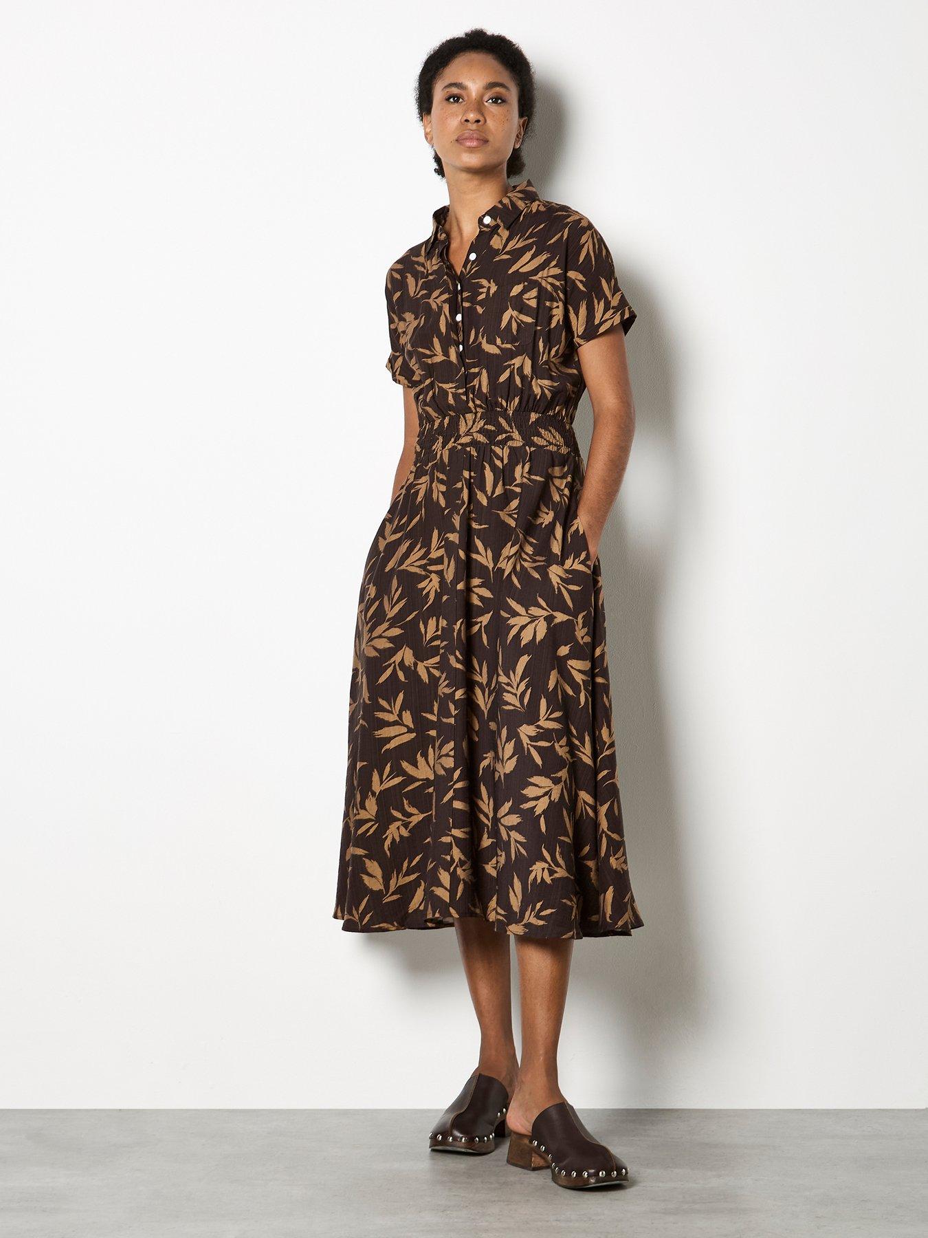 Apricot Textured Mono Leaf Shirt Midi Dress