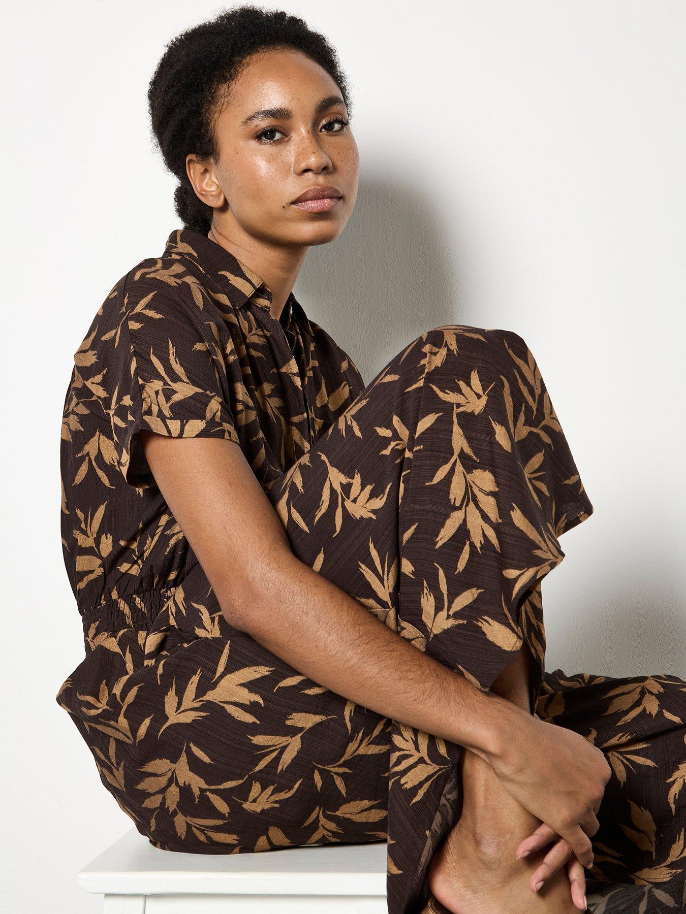 Image 5 of 5 of Apricot Textured Mono Leaf Shirt Midi Dress