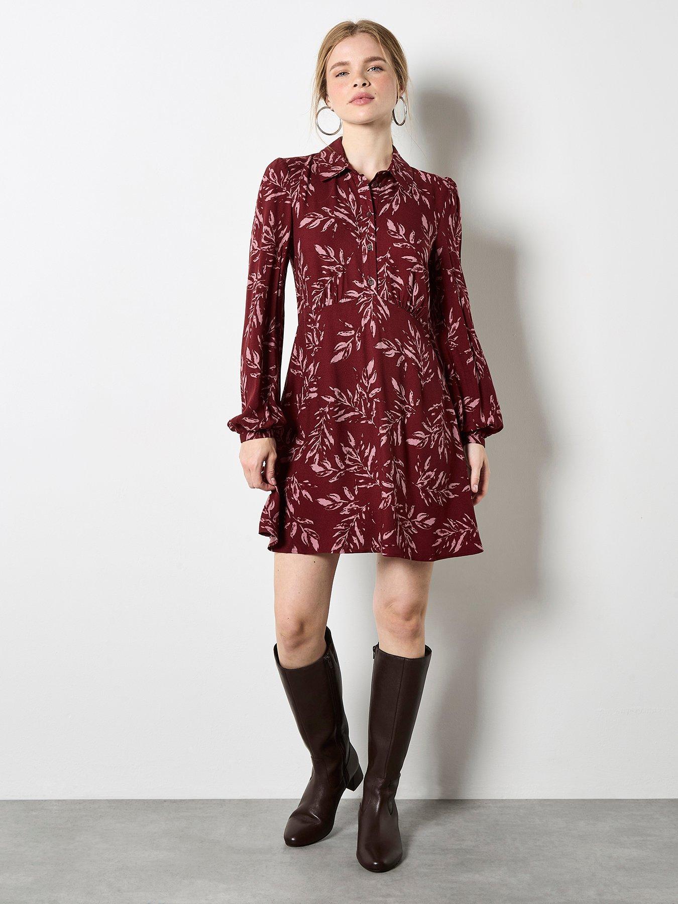 apricot-pressed-leaf-v-shape-dress-redfront