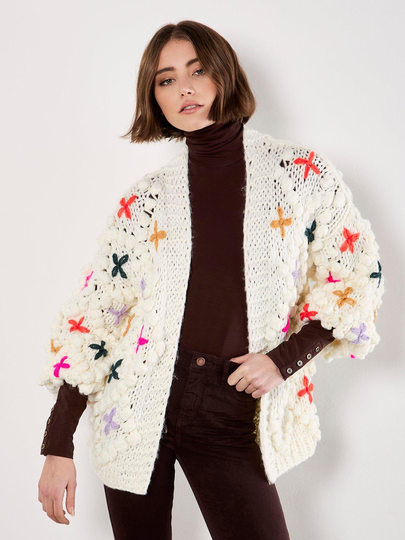 Apricot Multicolour Flower 3D Knit Cardi - Cream