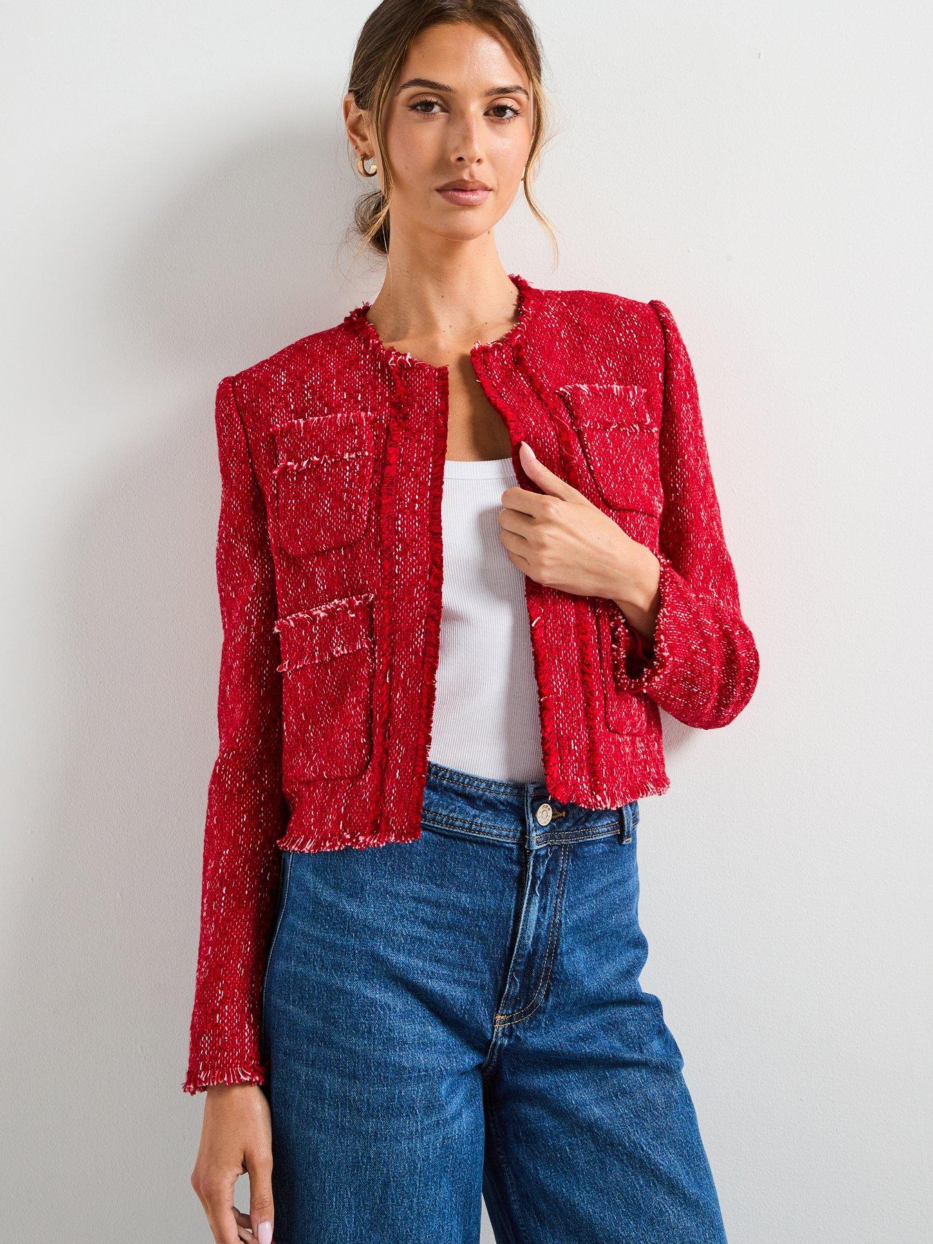 Image 1 of 6 of Mango Tweed Jacket With Frayed Ends - Red