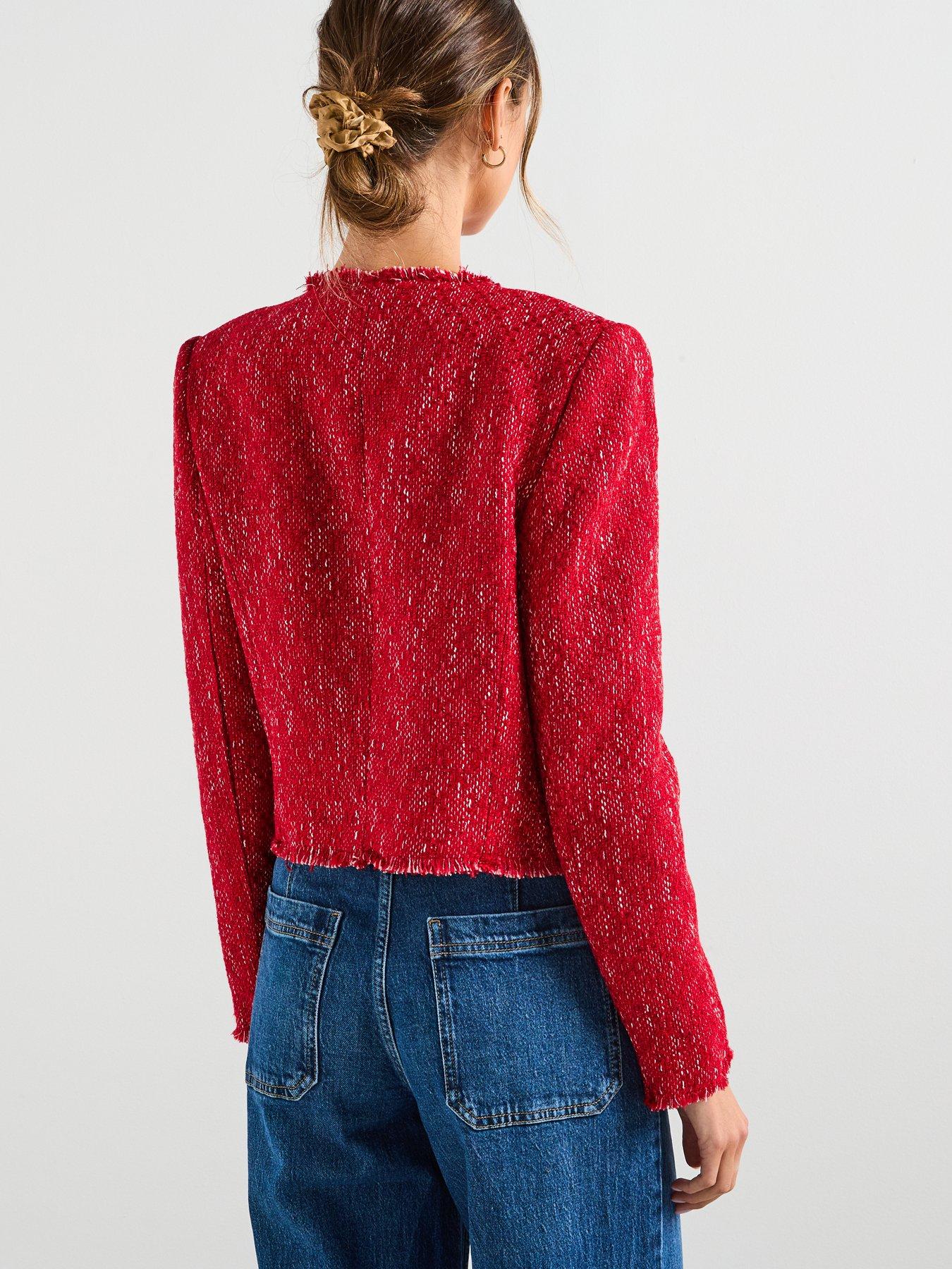 Image 2 of 6 of Mango Tweed Jacket With Frayed Ends - Red