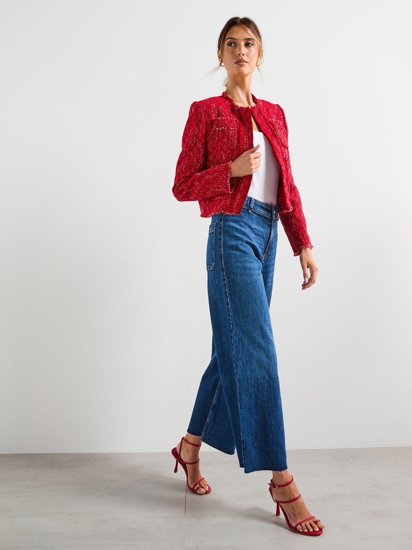 Image 3 of 6 of Mango Tweed Jacket With Frayed Ends - Red