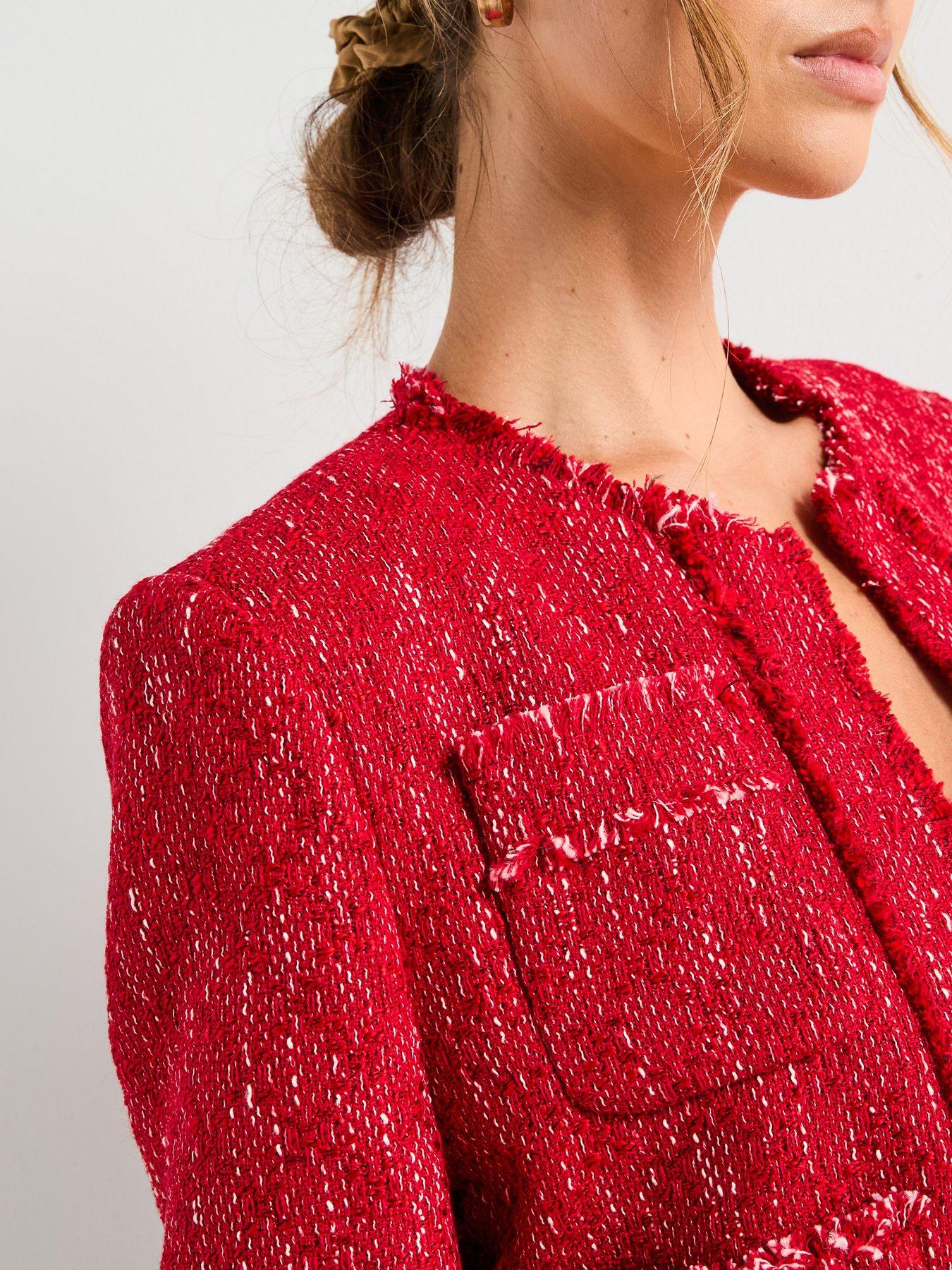Image 4 of 6 of Mango Tweed Jacket With Frayed Ends - Red