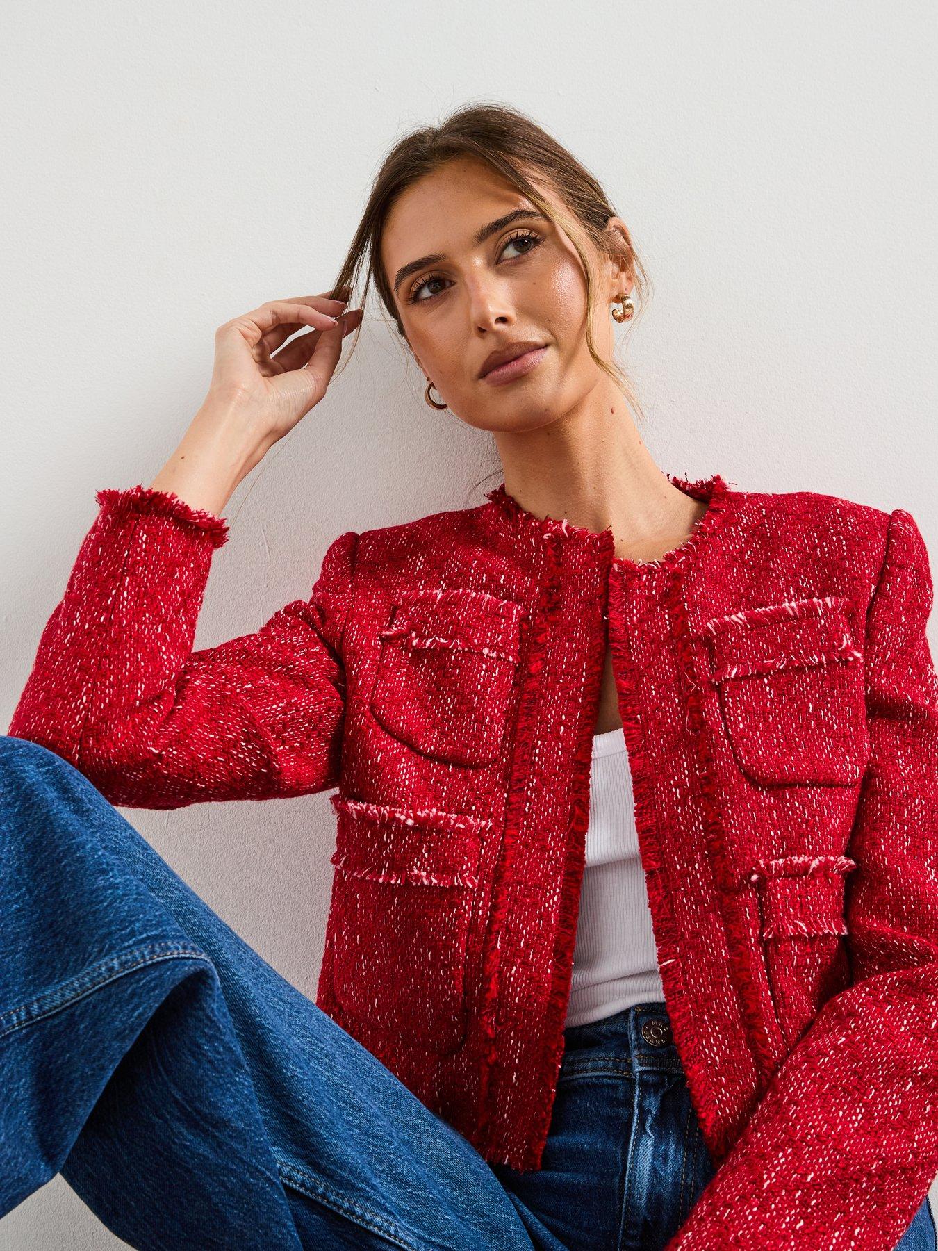 Image 6 of 6 of Mango Tweed Jacket With Frayed Ends - Red