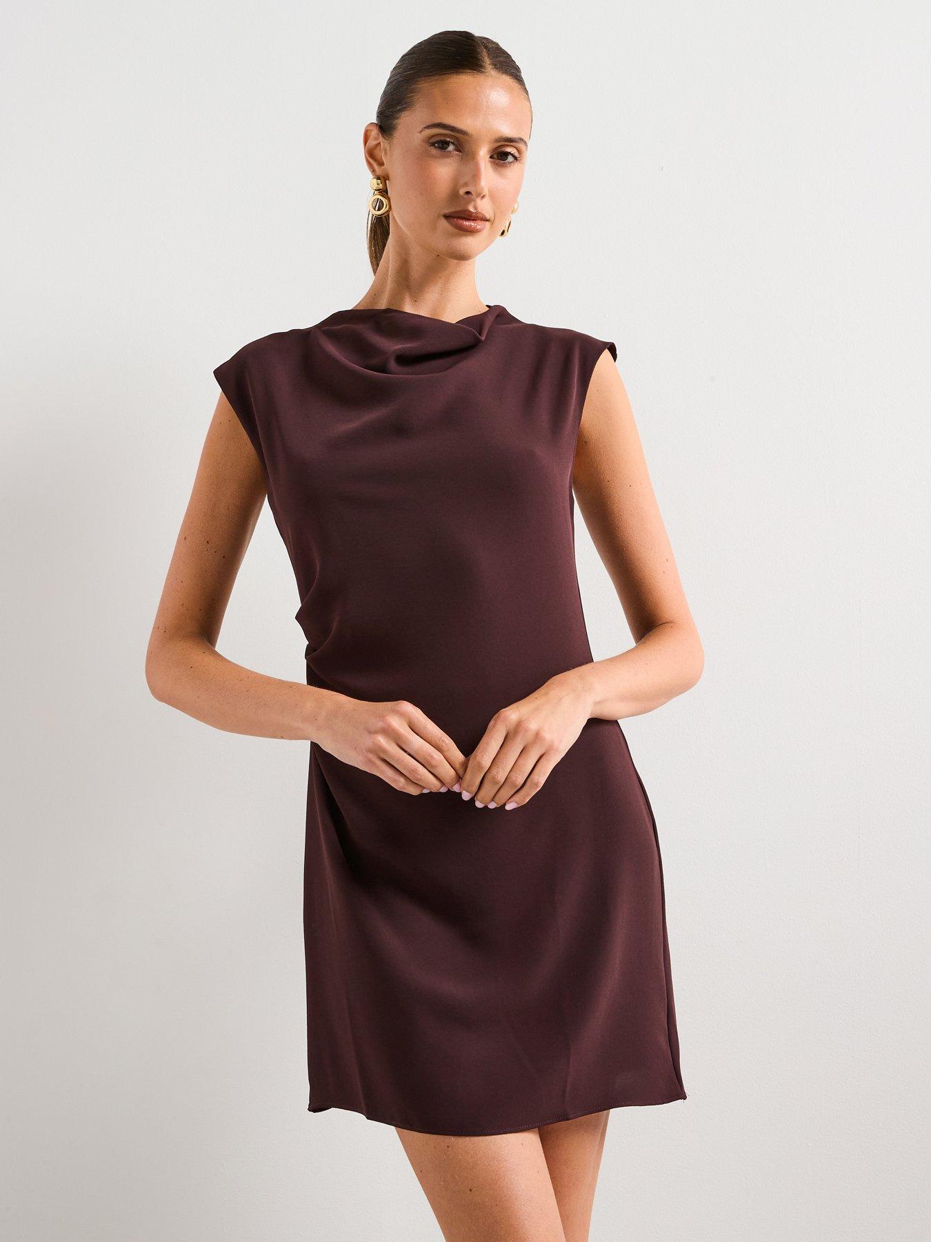 mango-short-dress-with-draped-collar-brown