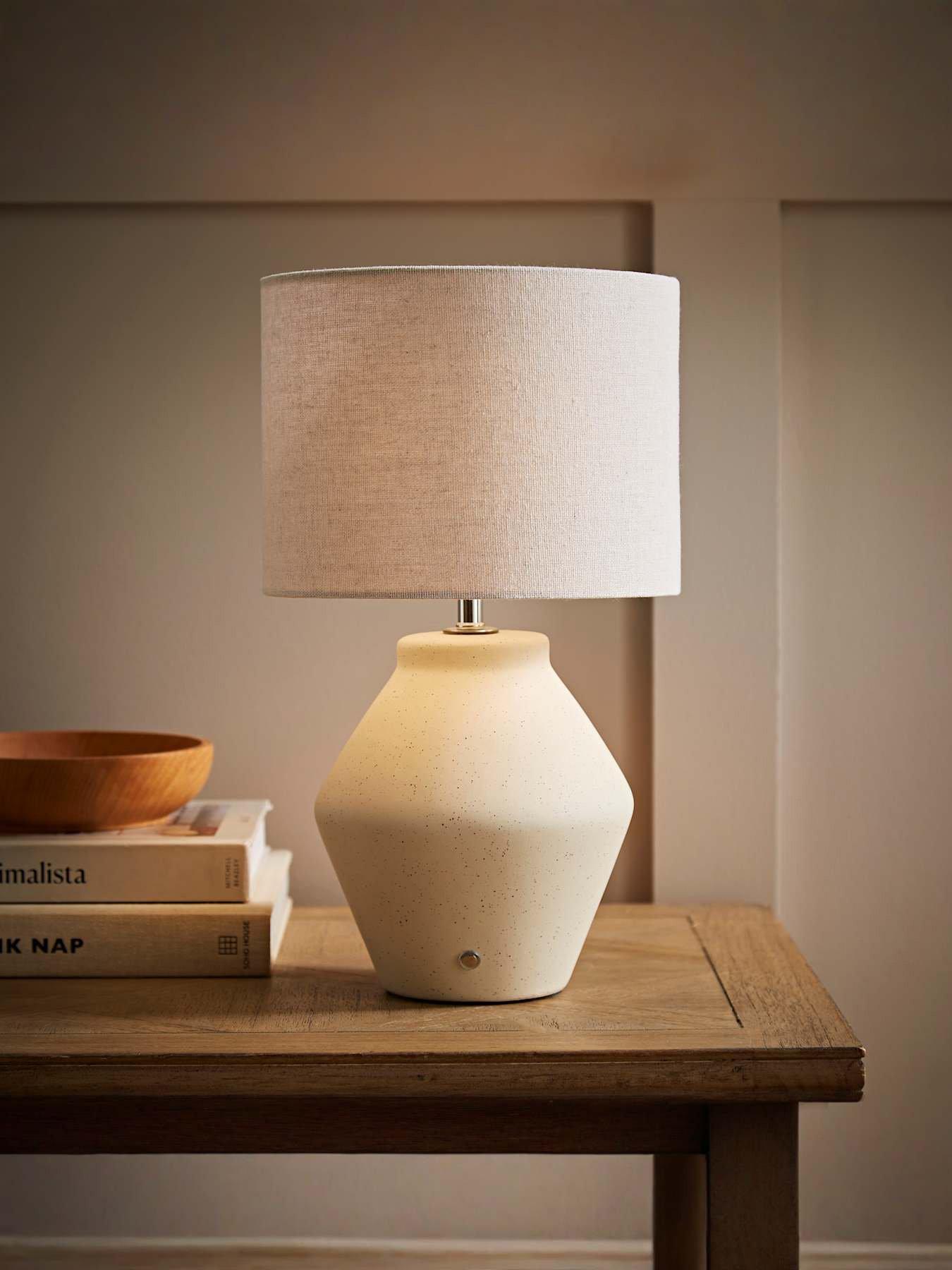 ValueLights Finn Cream Ceramic Rechargeable Table Lamp With Linen Shade