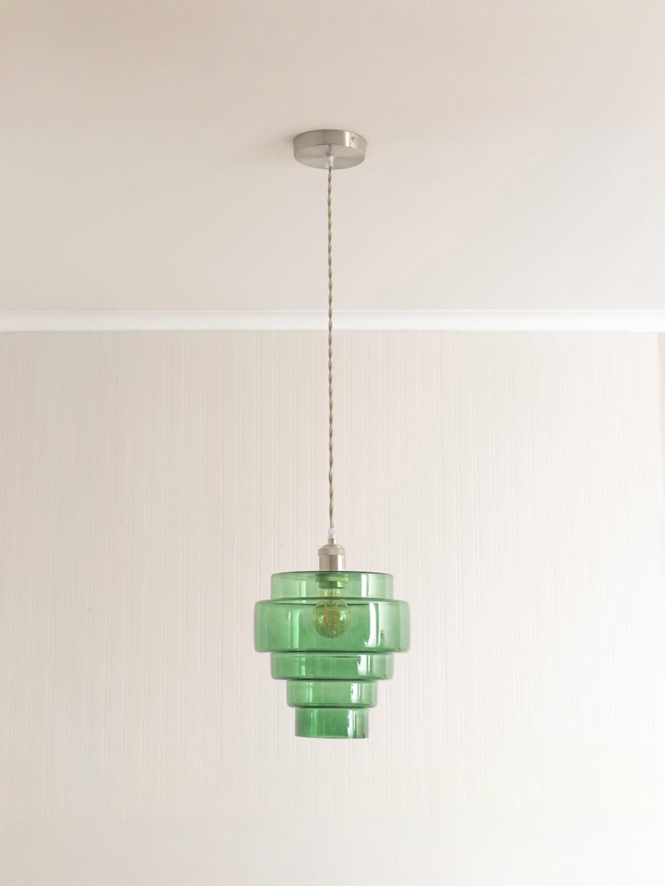 ValueLights Lane Green Glass 5 Tier Layer Shade Brushed Chrome Single Ceiling Pendant Light