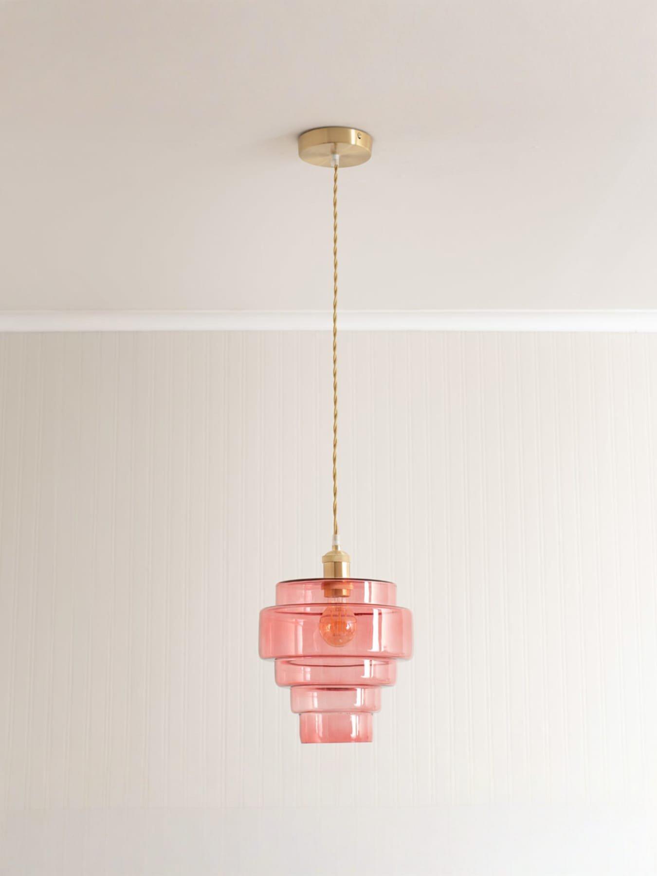 ValueLights Lane Pink Glass 5 Tier Layer Shade Brushed Gold Single Ceiling Pendant Light