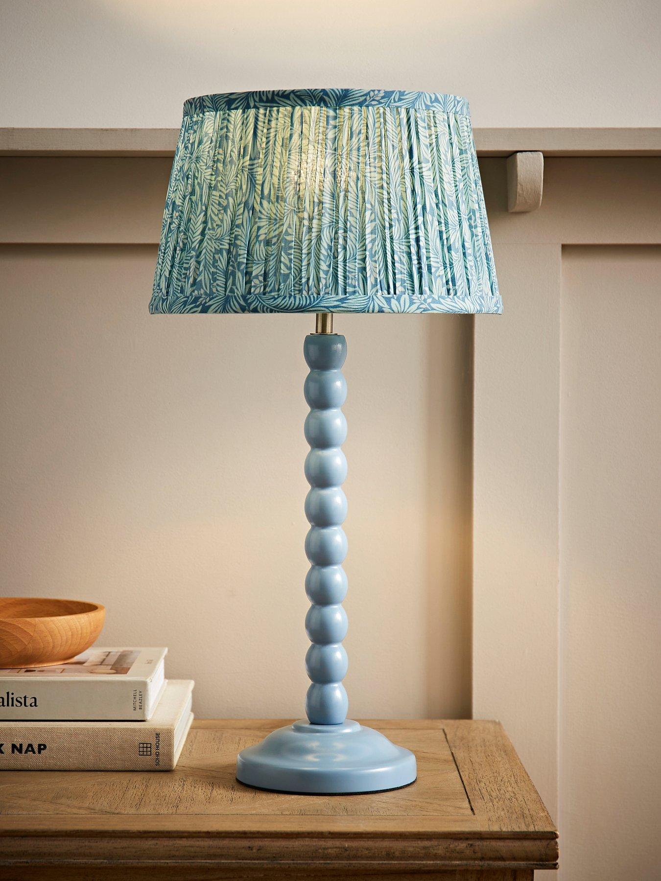valuelights-bobbin-blue-bobble-table-lamp-with-leaf-pleated-tapered-lamp-shade