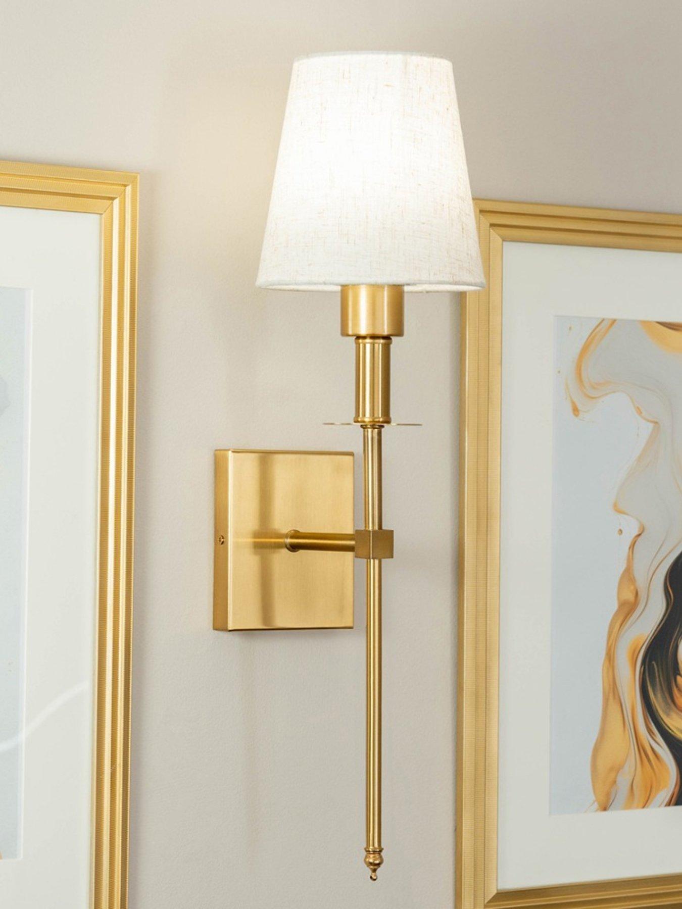 ValueLights Pair Of Kincaid Antique Brass Rechargeable Easy Fit Wall Light With Shade