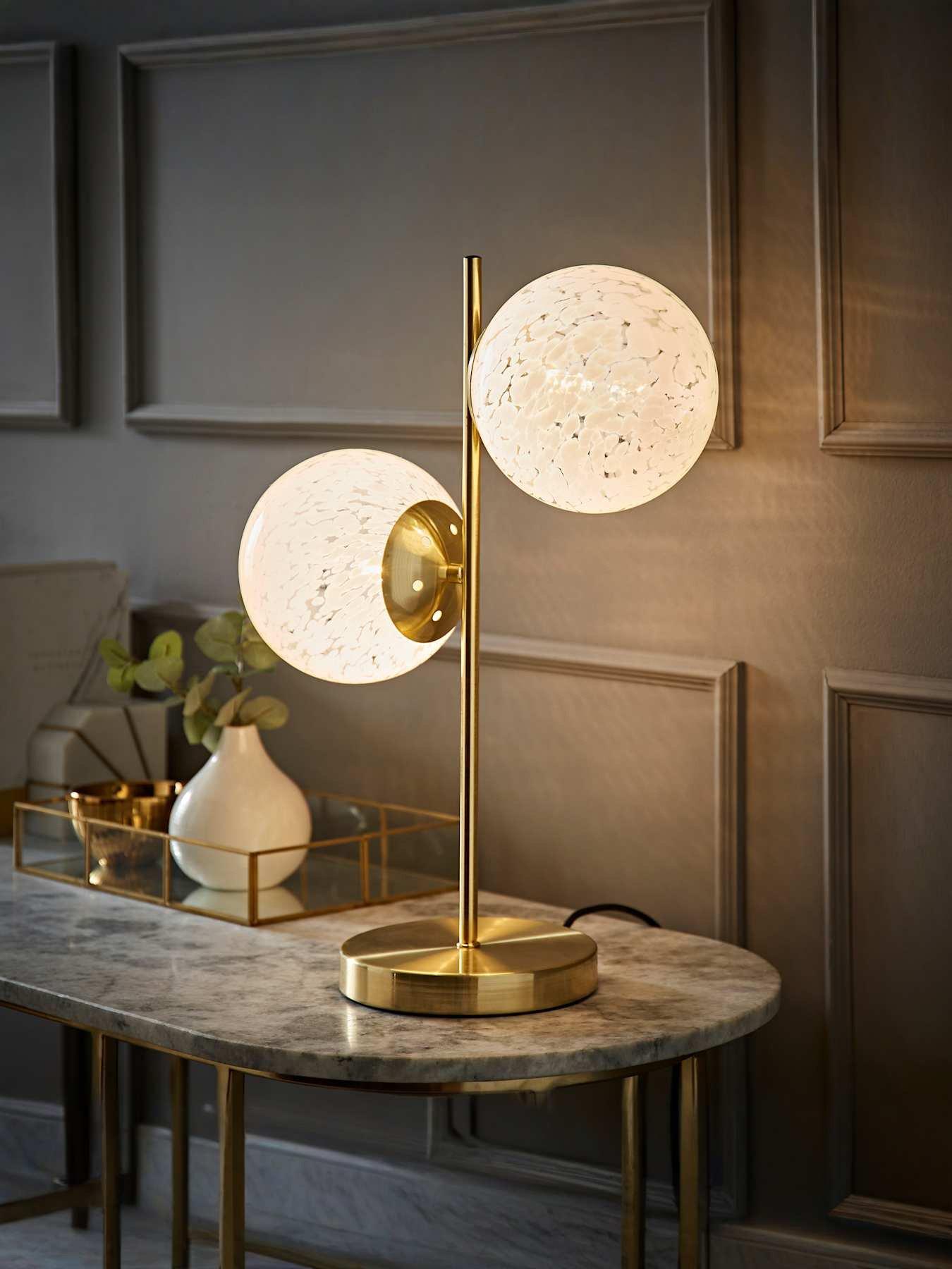 ValueLights Jas Gold Table Lamp With 2 Way White Confetti Glass Globe Shades