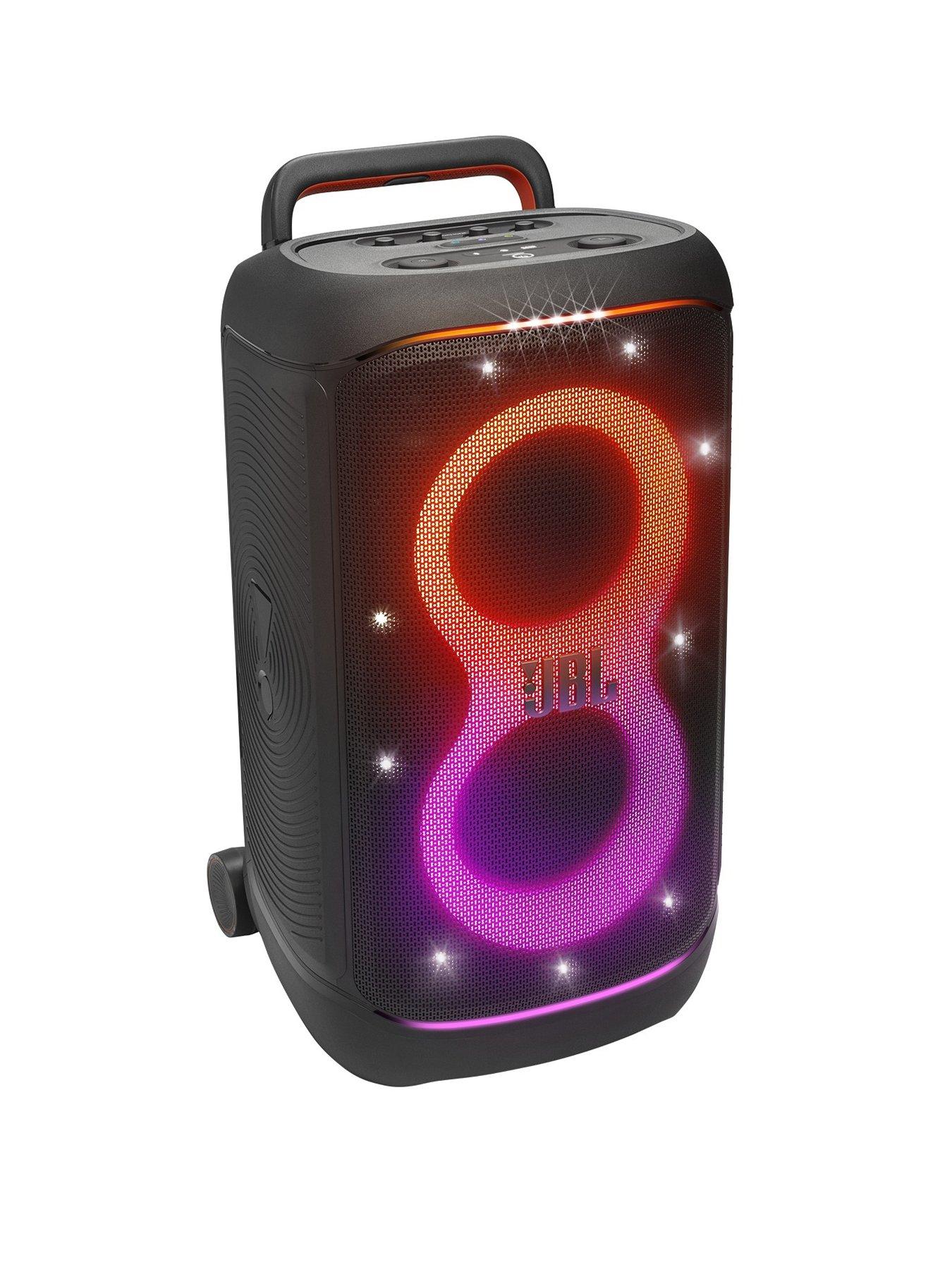 undefined JBL Powerful 400W portable Party speaker with replacable 6-cell battery, wheels and telescopic handle.