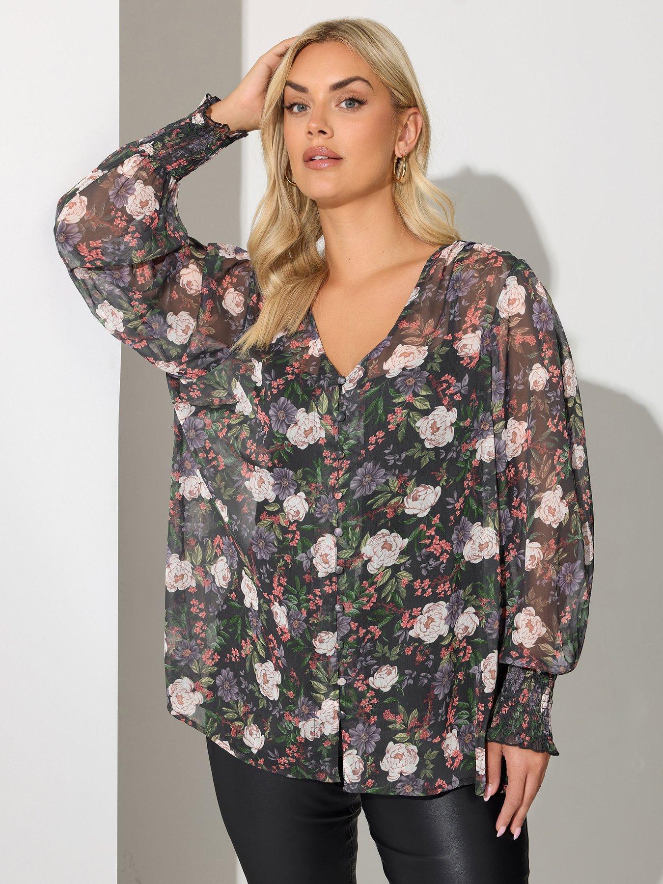 yours-curve-floral-sheer-cuffed-sleeve-blouse-black