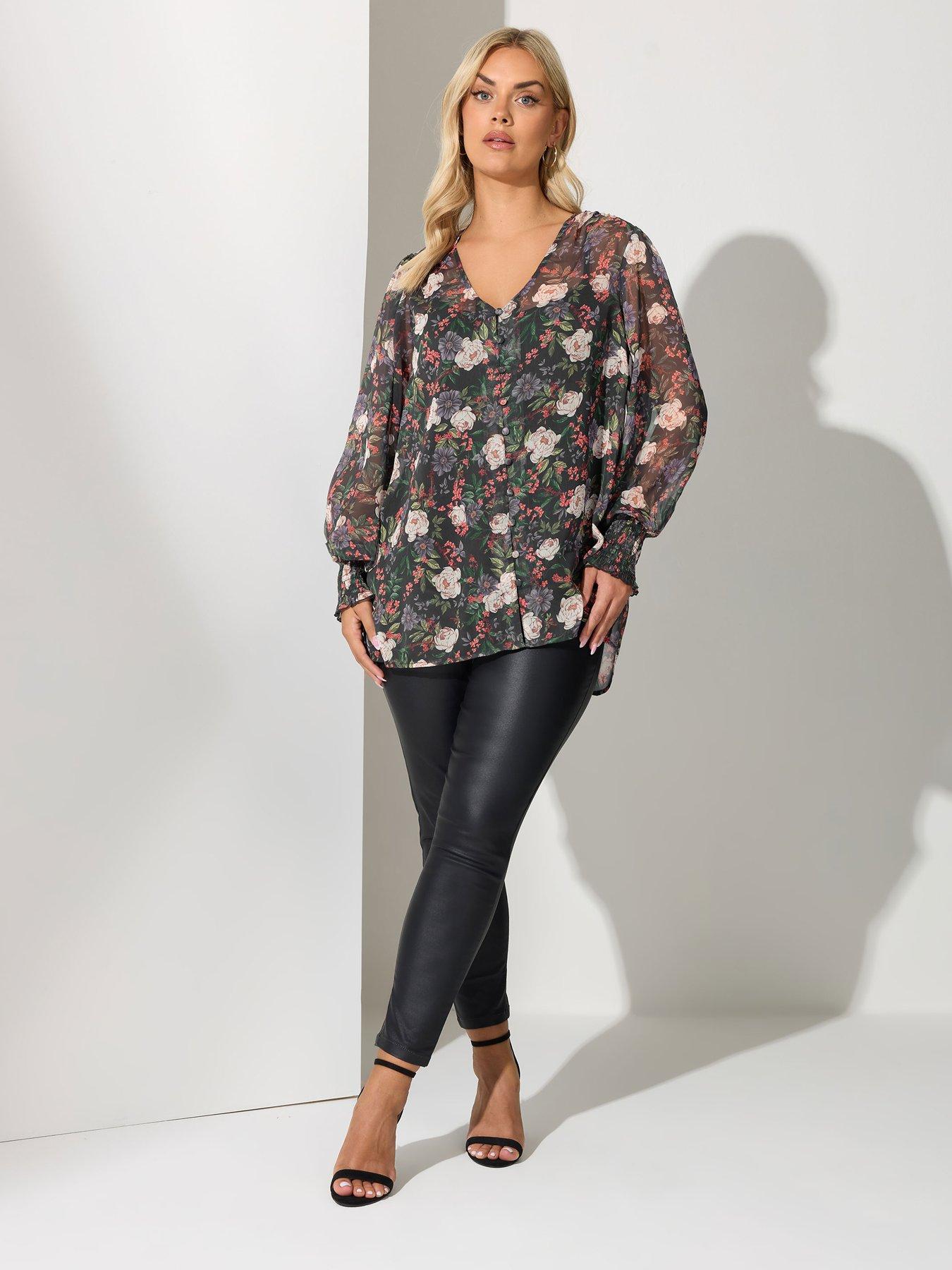 Image 3 of 4 of Yours Curve Floral Sheer Cuffed Sleeve Blouse - Black