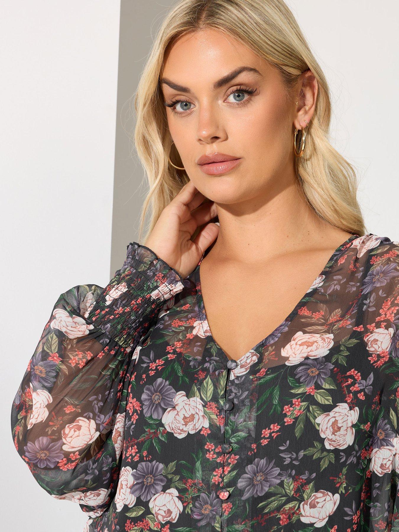 Image 4 of 4 of Yours Curve Floral Sheer Cuffed Sleeve Blouse - Black