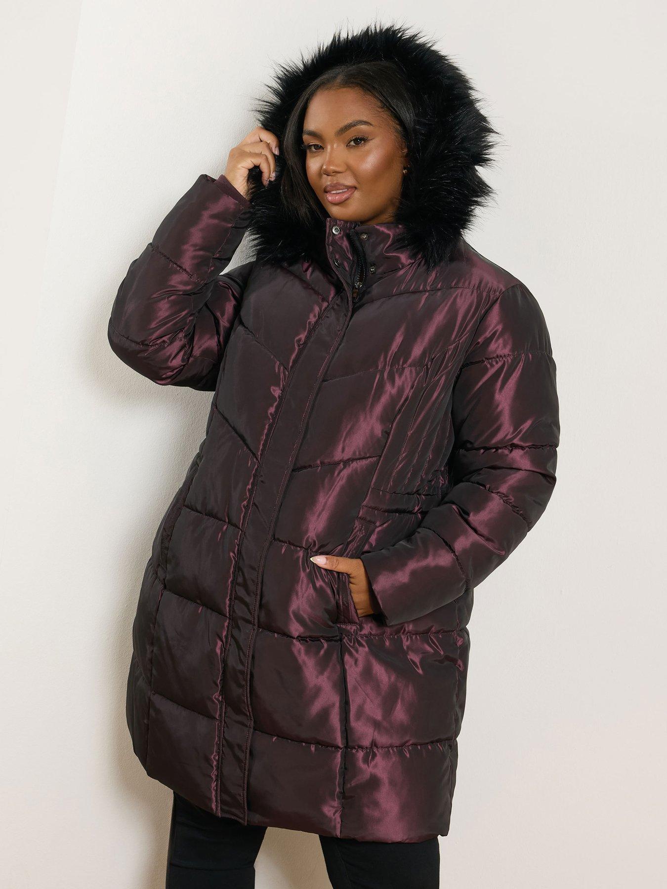 Yours Curve Midi Padded Coat - Purple