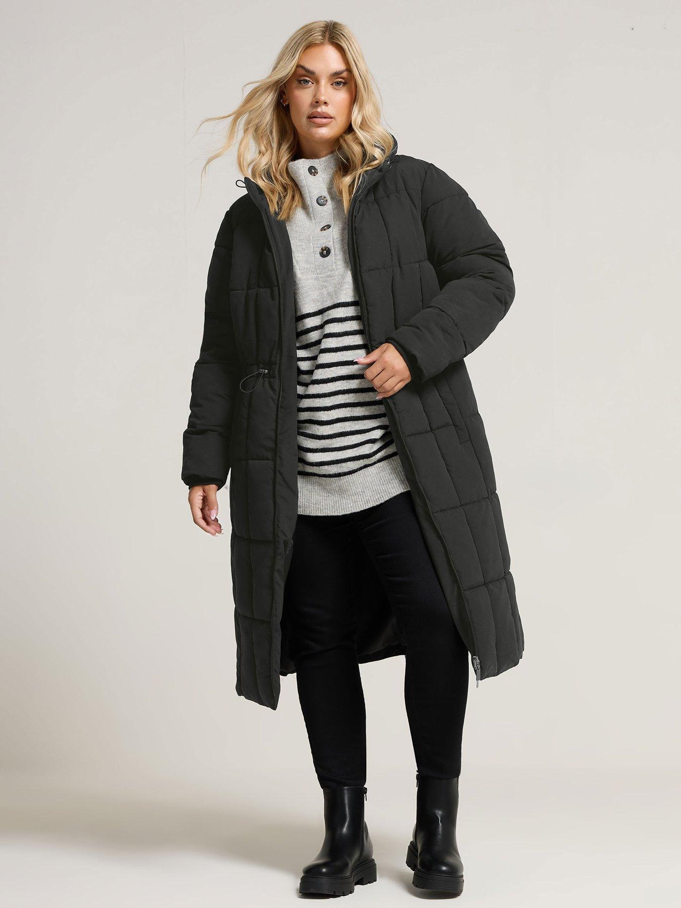 Yours Curve Borg Midi Padded Coat - Black