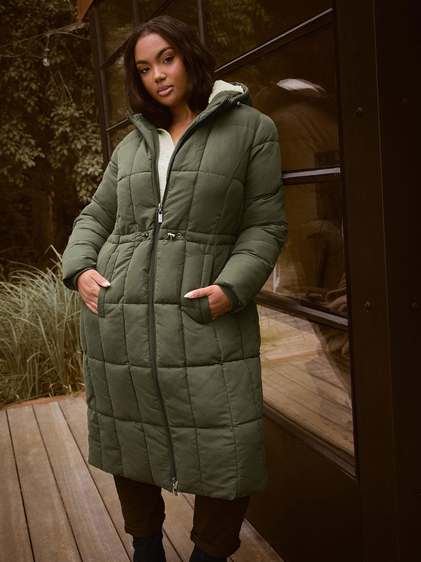 Yours Curve Borg Midi Padded Coat - Green