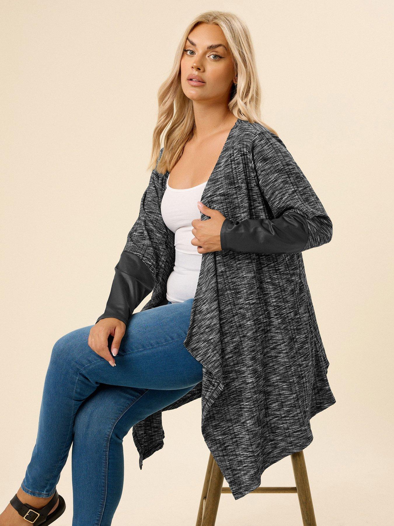 Image 1 of 5 of Yours Curve Ribbed Pu Sleeve Cardigan - Grey