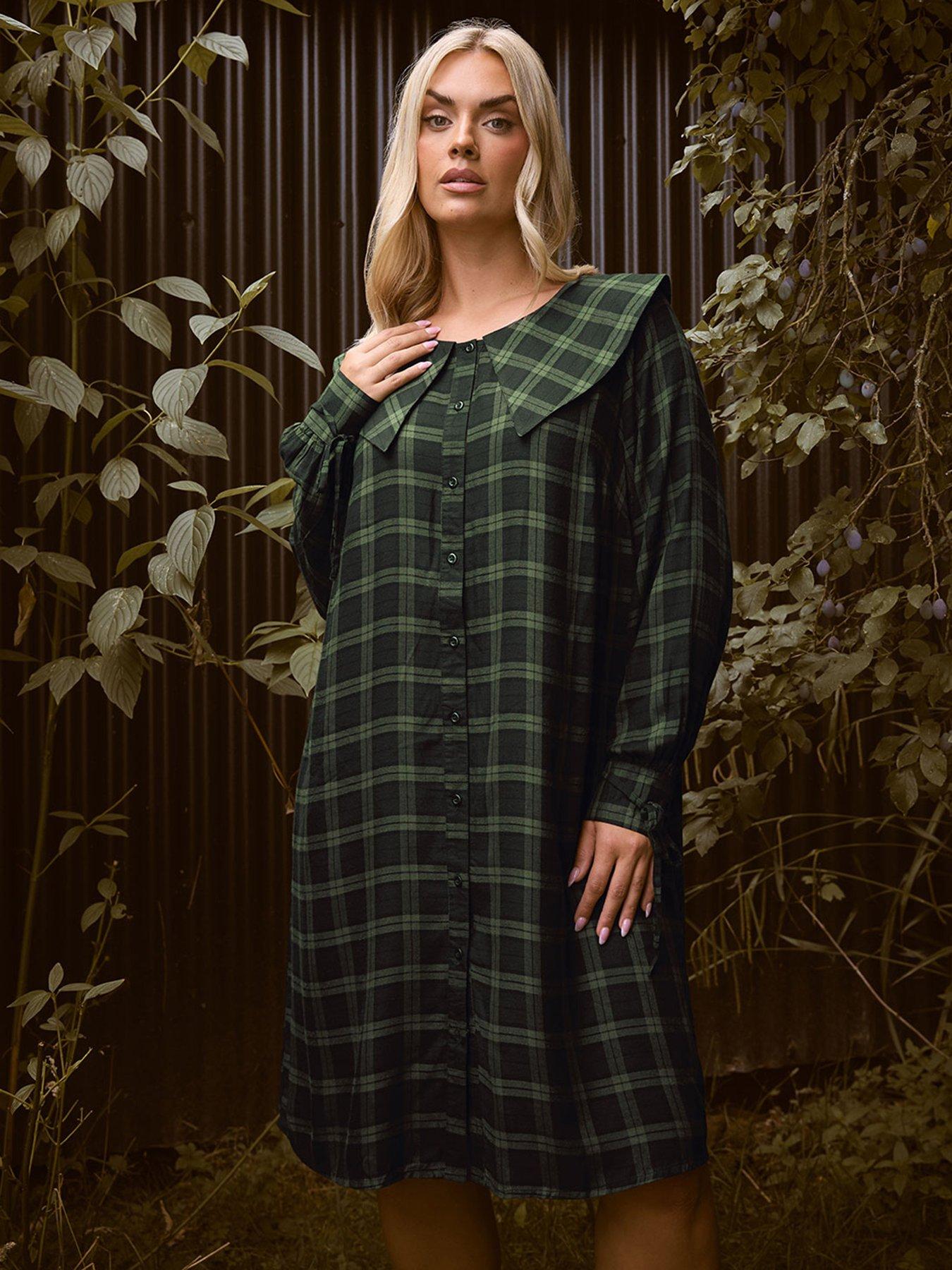 Yours Curve Check Collar Smock Mini Dress - Green