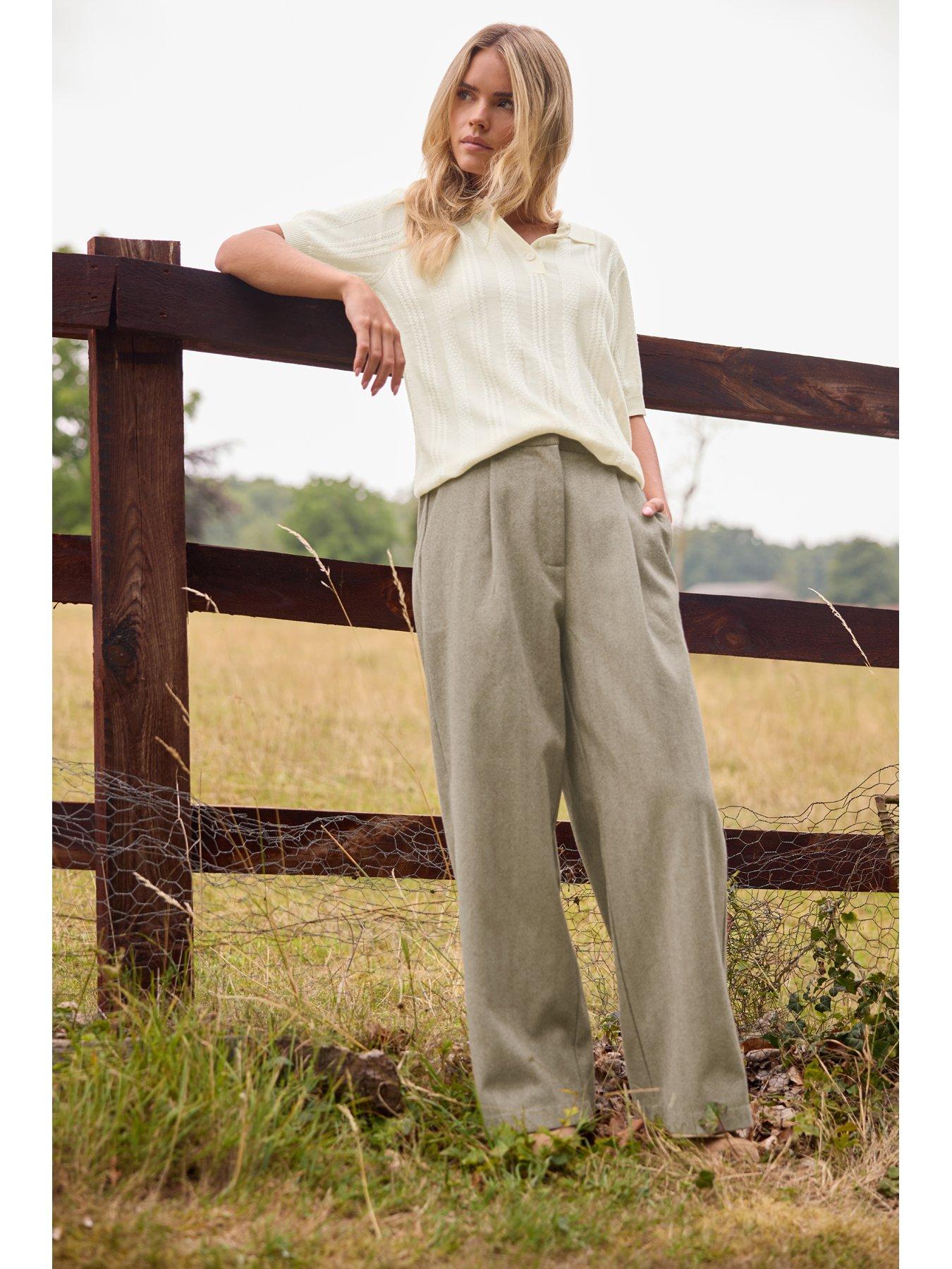 PixieGirl Petite Herringbone Wide Leg Trousers - Brown