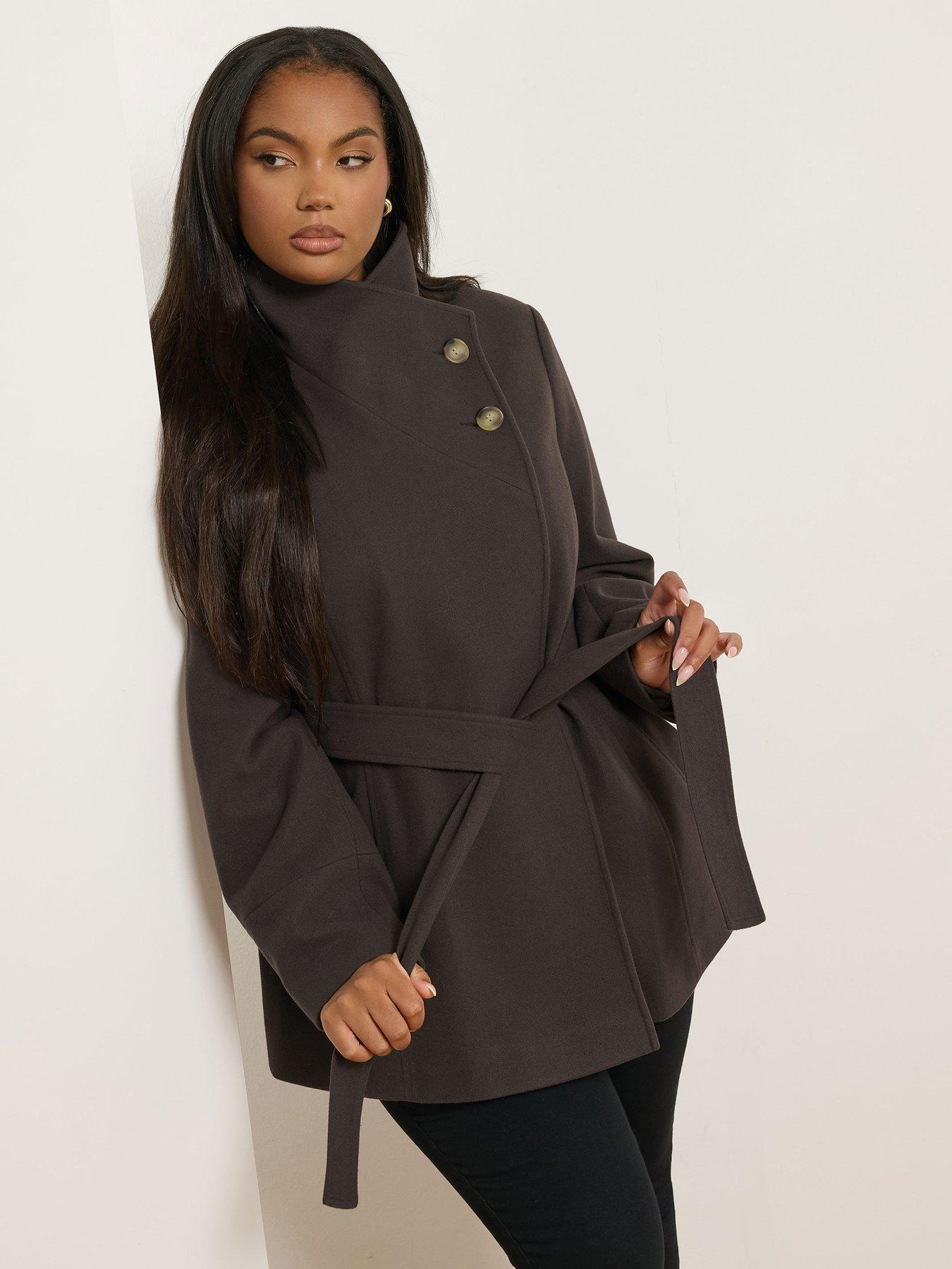 Image 1 of 4 of Yours Curve Wrap Wool Coat - Brown
