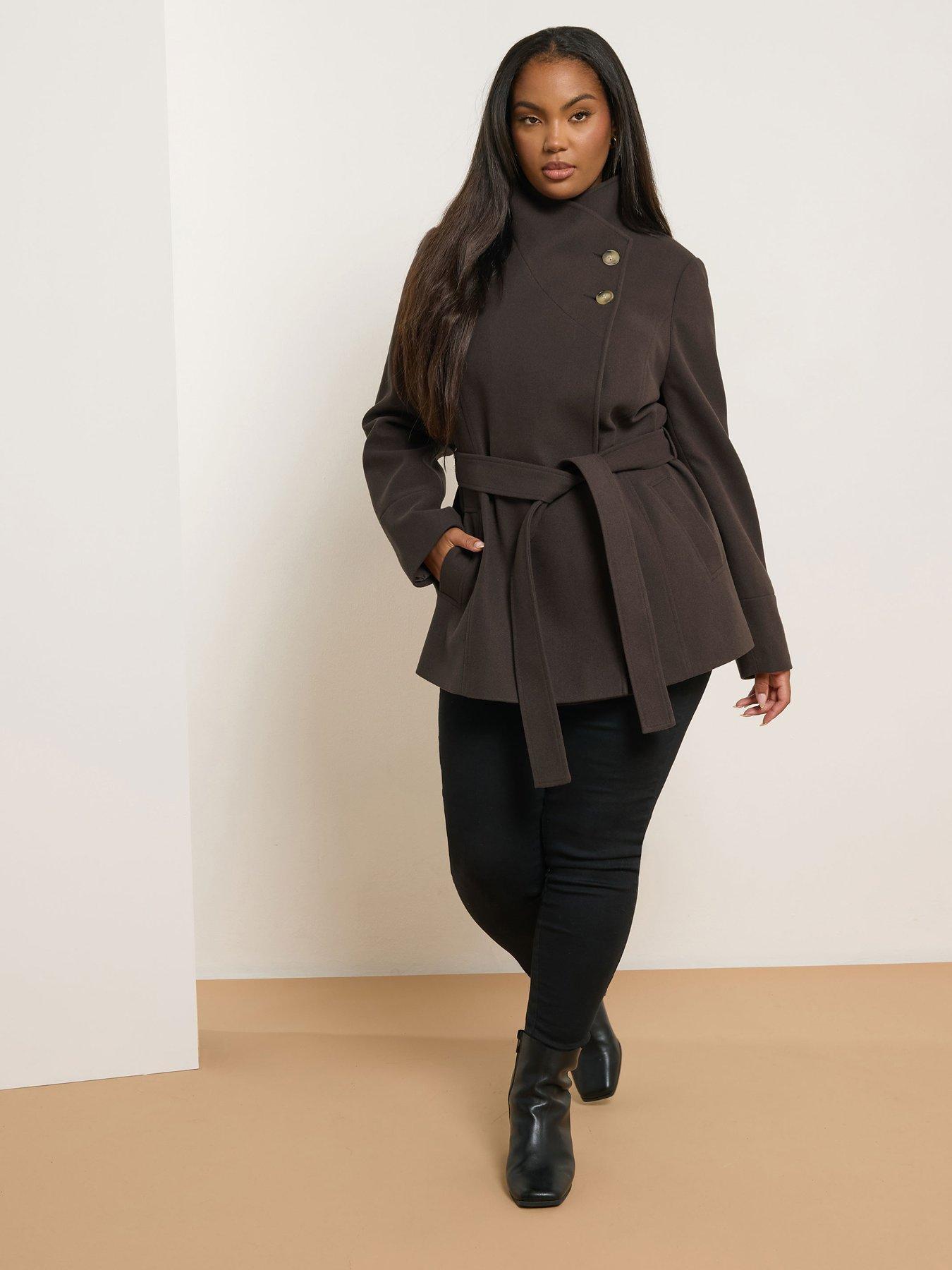 Image 3 of 4 of Yours Curve Wrap Wool Coat - Brown