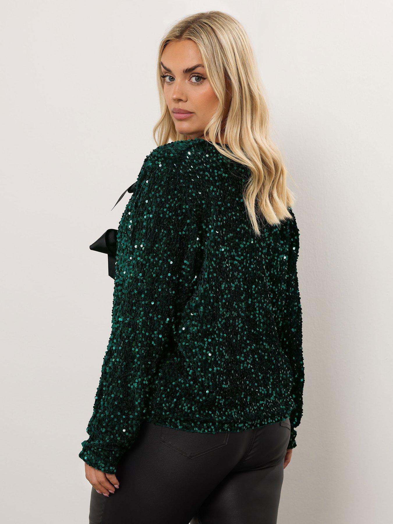 Image 2 of 3 of Yours Curve Bow Sequin Jacket - Green