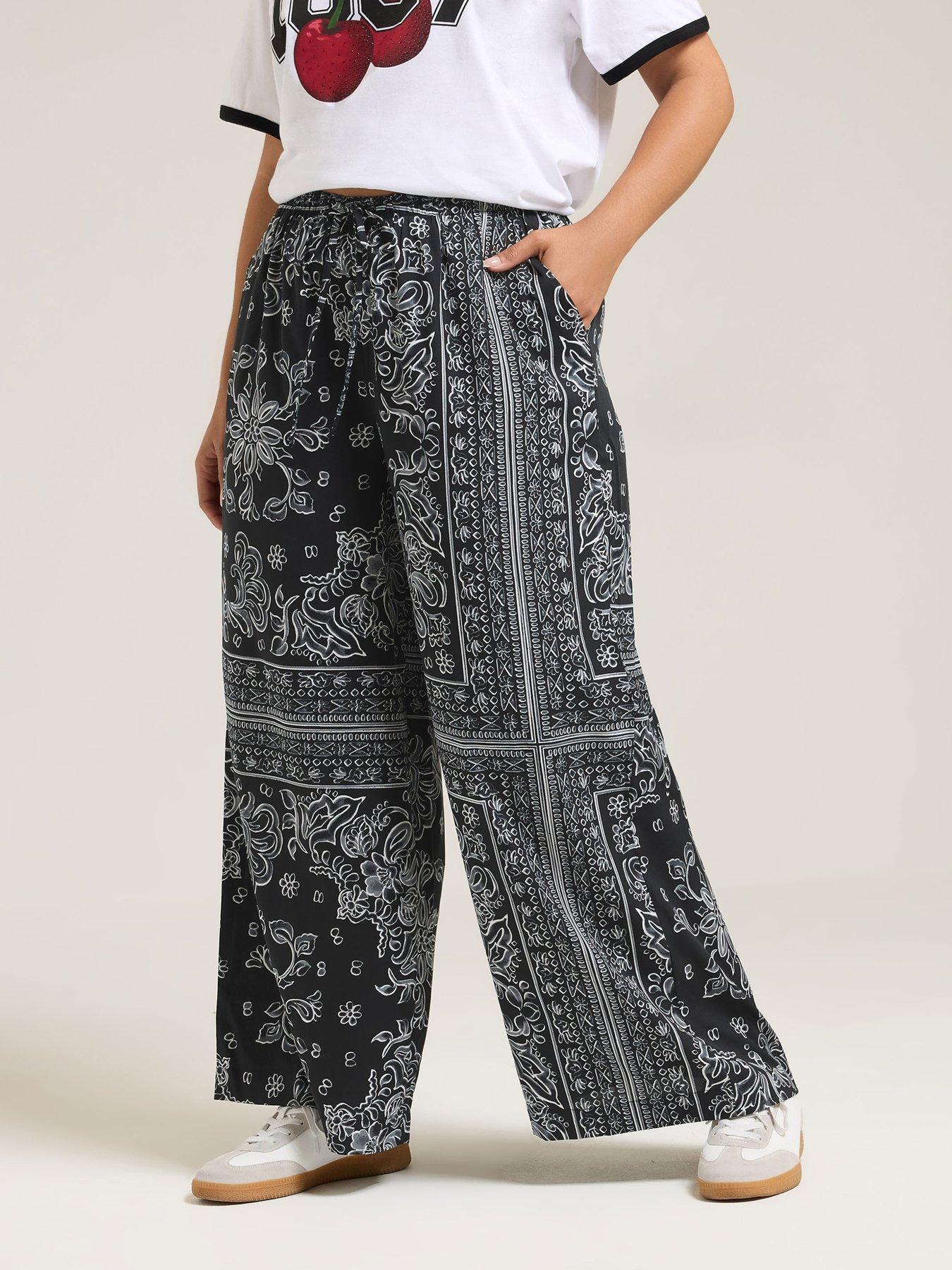 Yours Curve Paisley Wide Leg Trousers - Black