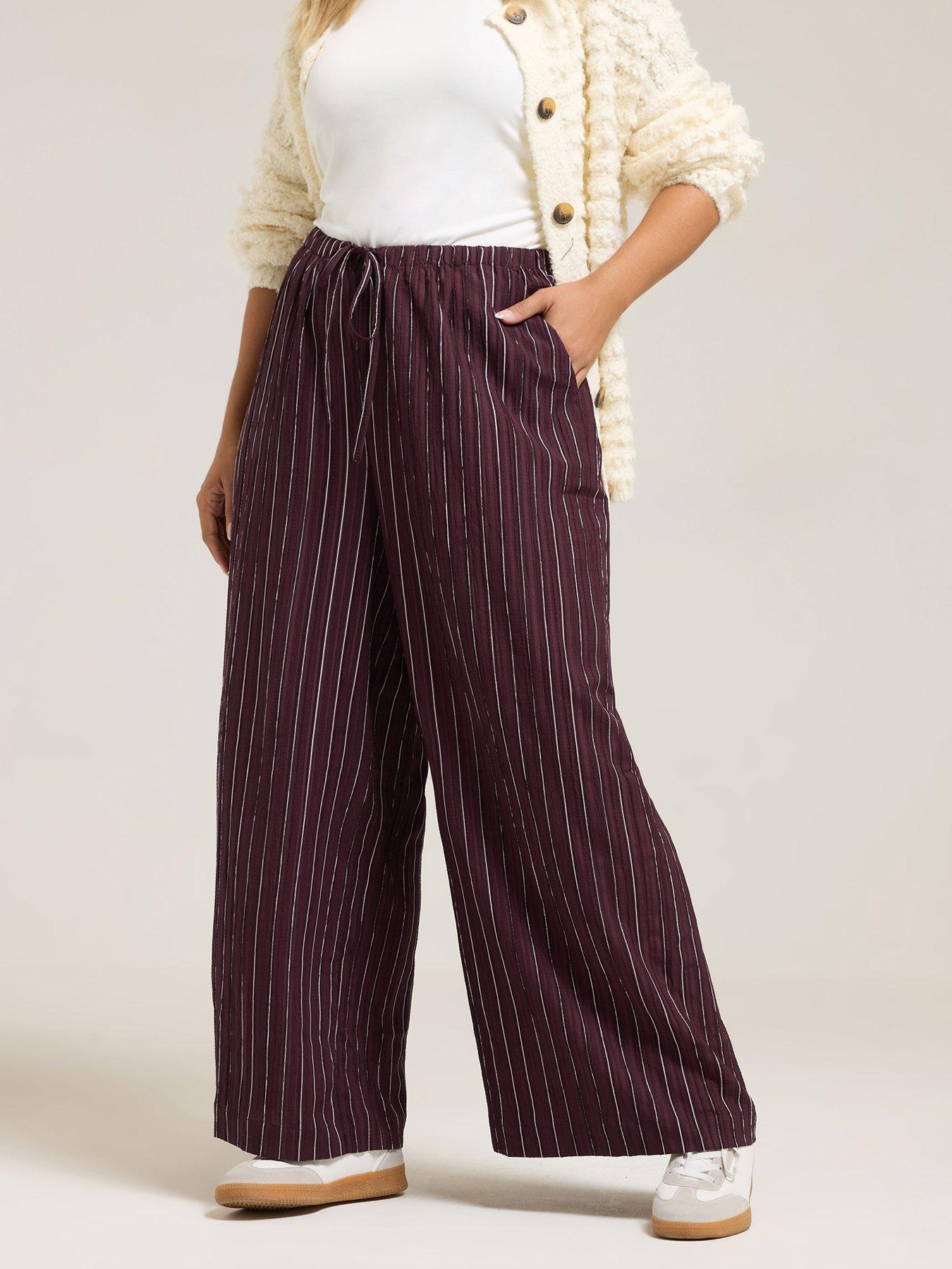 Yours Curve Stripe Wide Leg Pull On Trousers - Red
