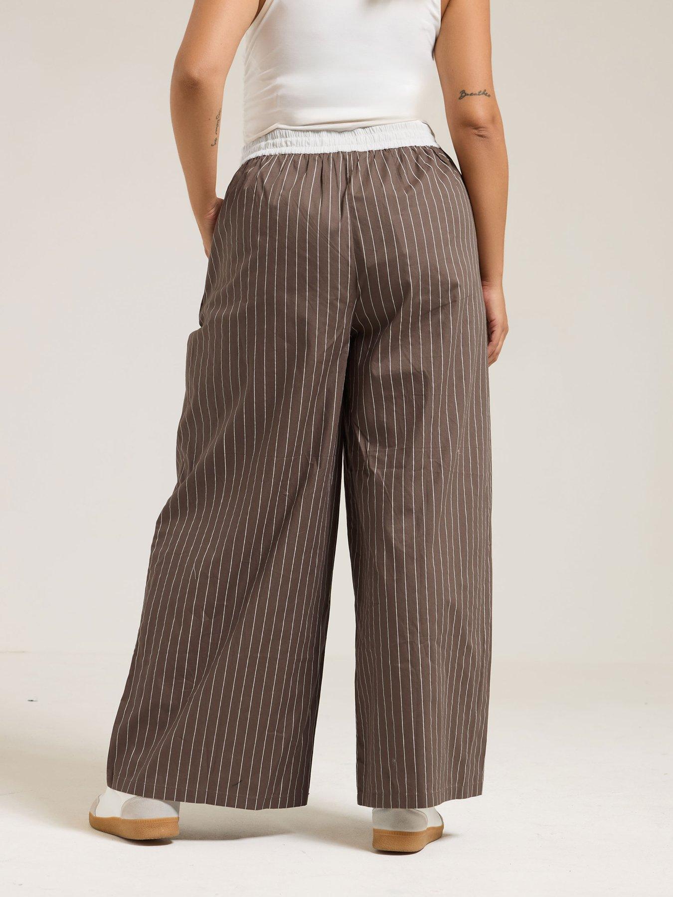 yours-curve-contrast-waist-stripe-trousers-brownstillFront