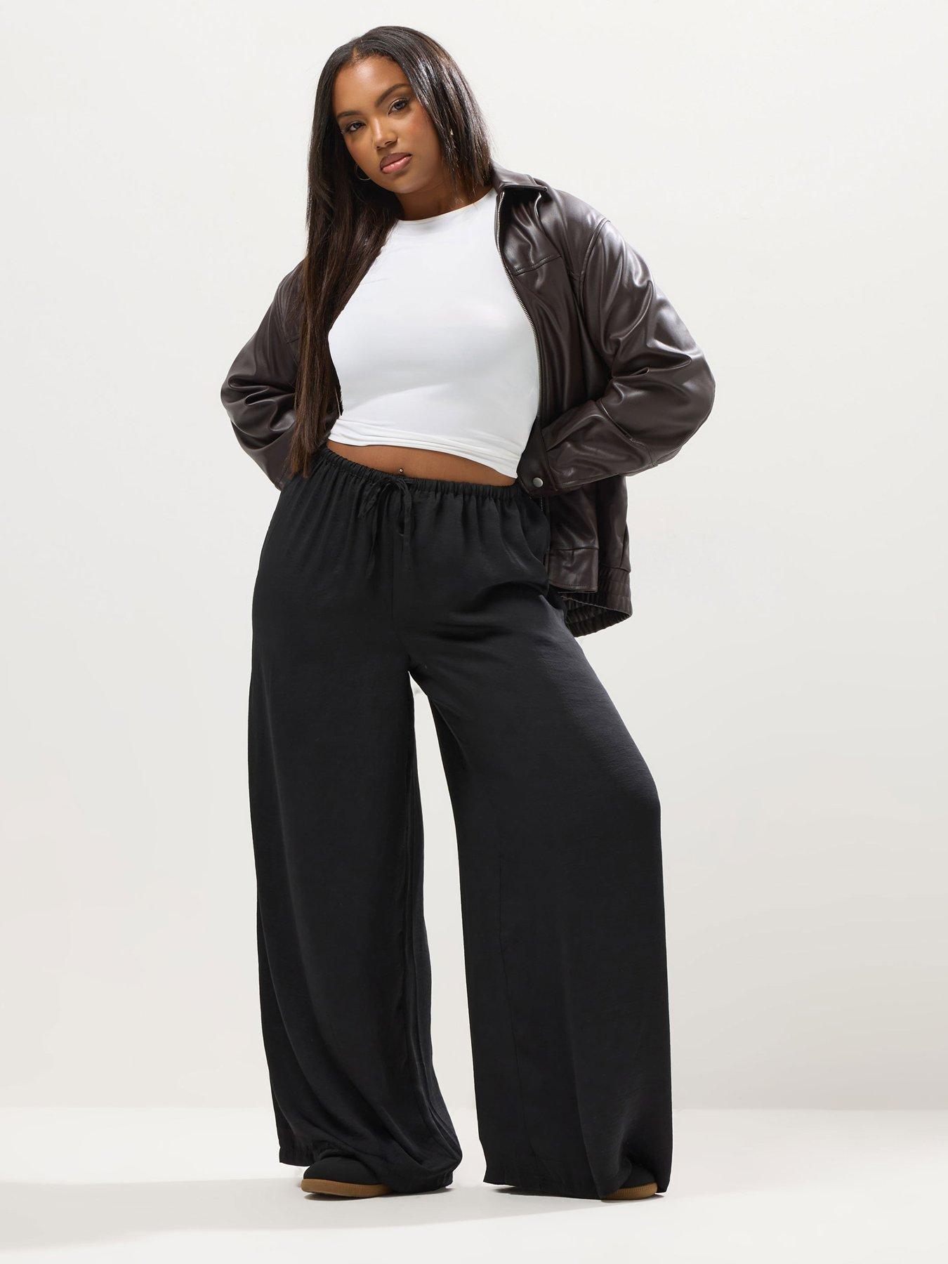 Yours Curve Satin Wide Leg Pull On Trouser - Black