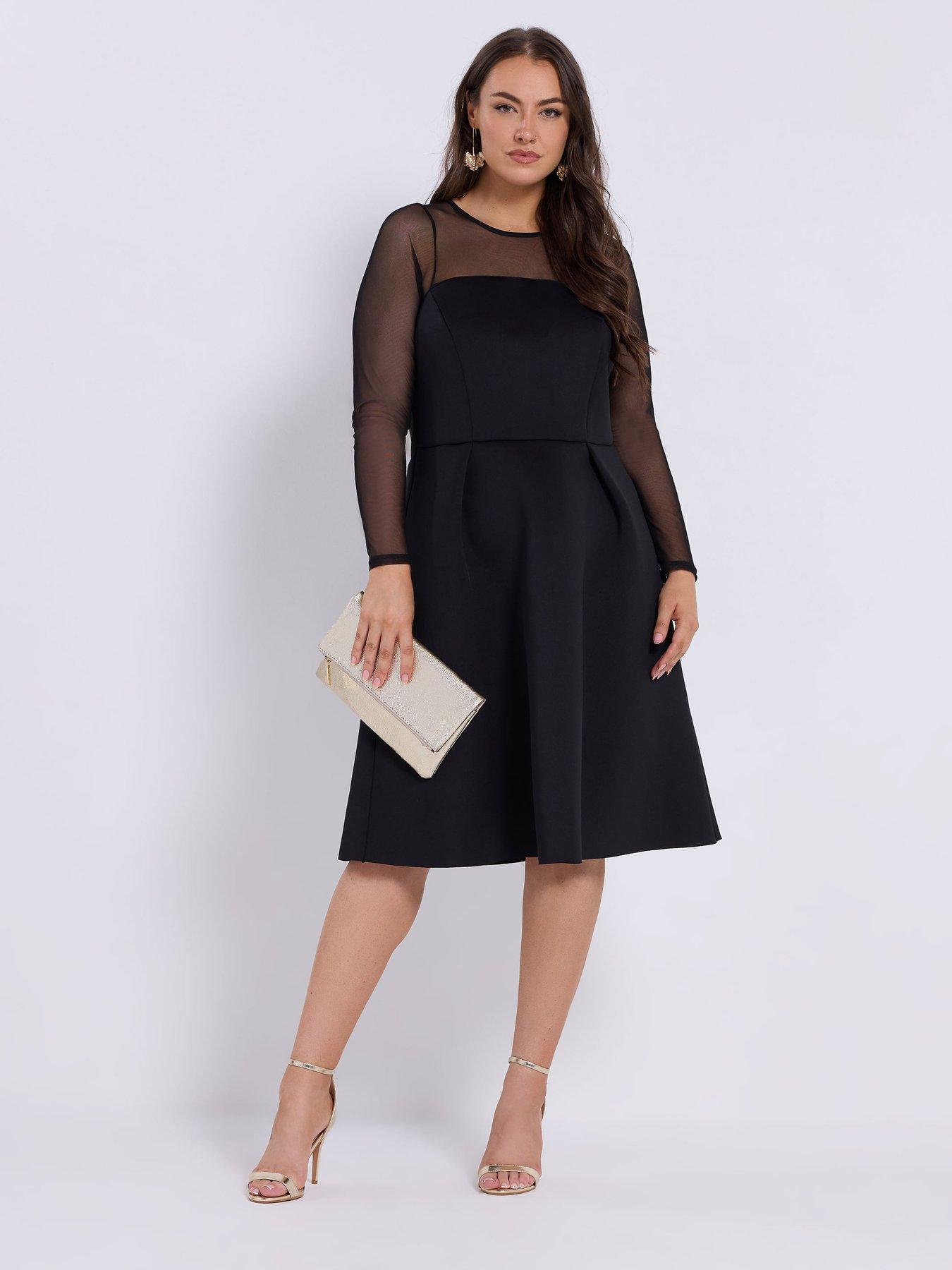 Yours Curve Mesh Sleeve Scuba Skater Dress - Black