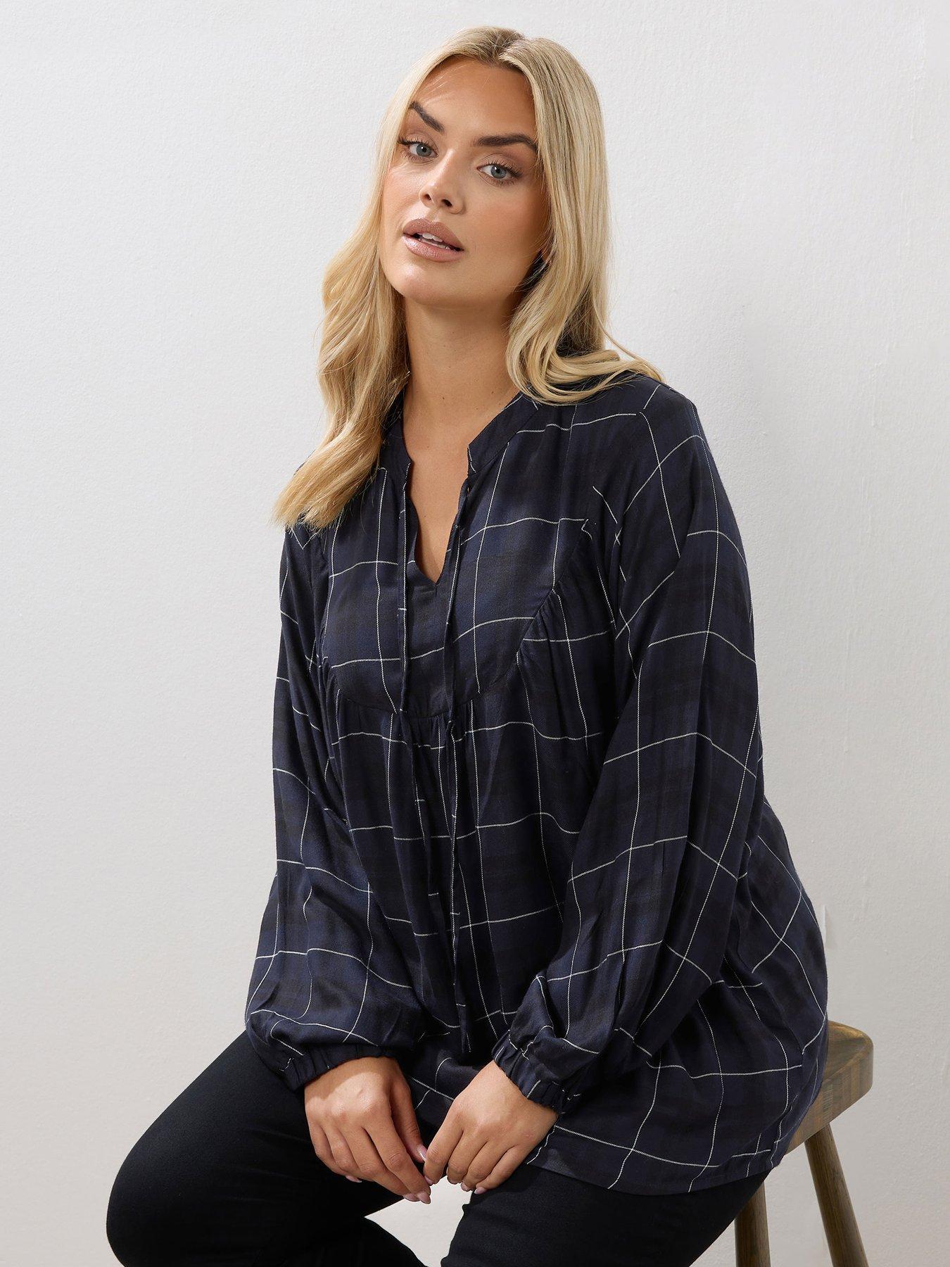Image 1 of 4 of Yours Curve Check Tie Neck Blouse - Blue