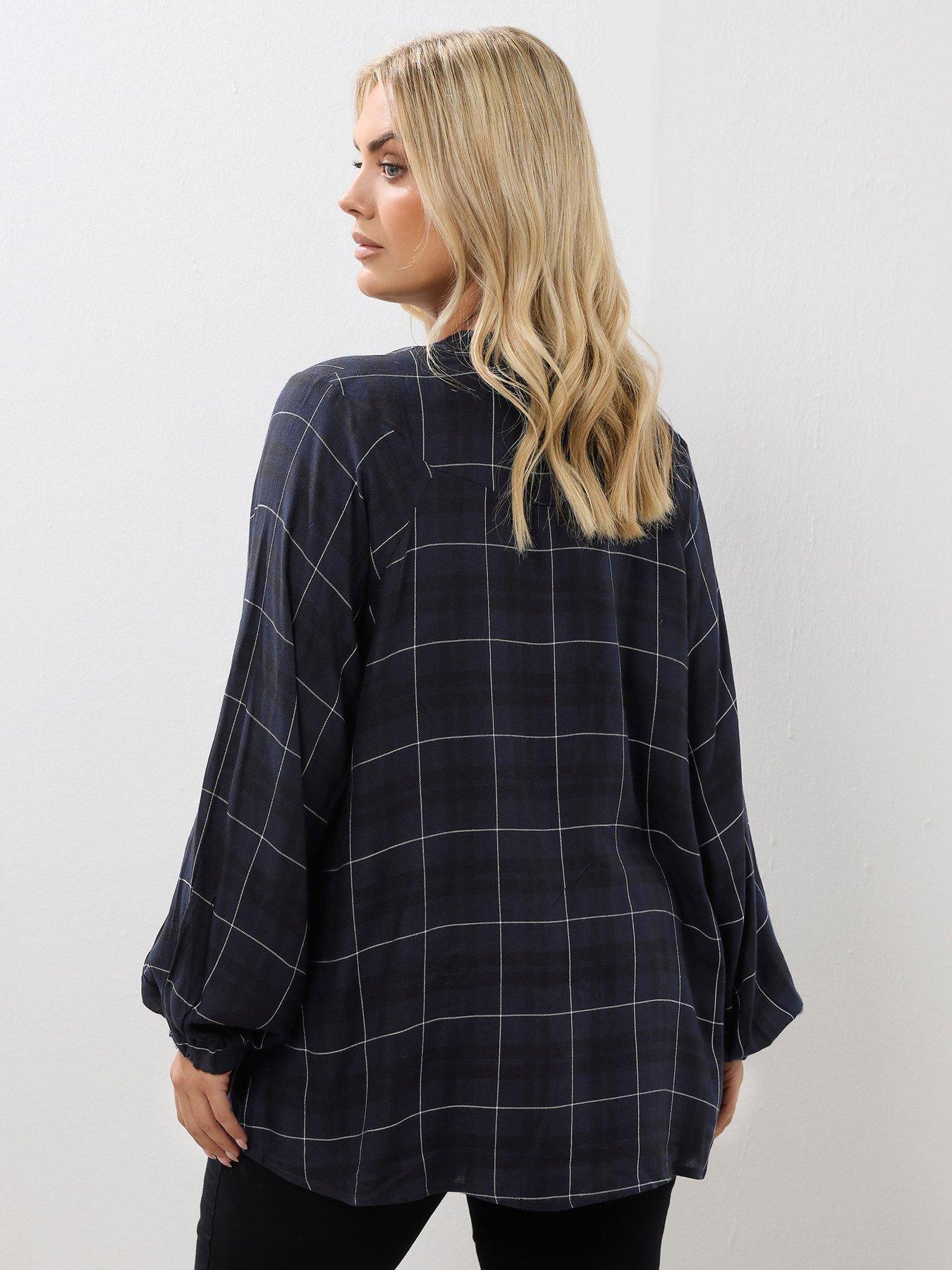 Image 2 of 4 of Yours Curve Check Tie Neck Blouse - Blue