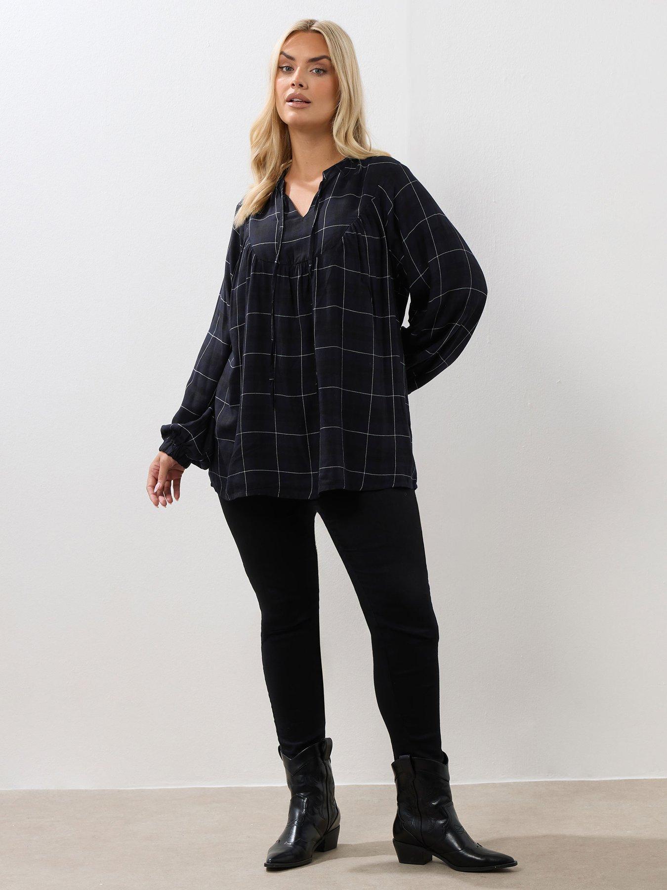 Image 3 of 4 of Yours Curve Check Tie Neck Blouse - Blue