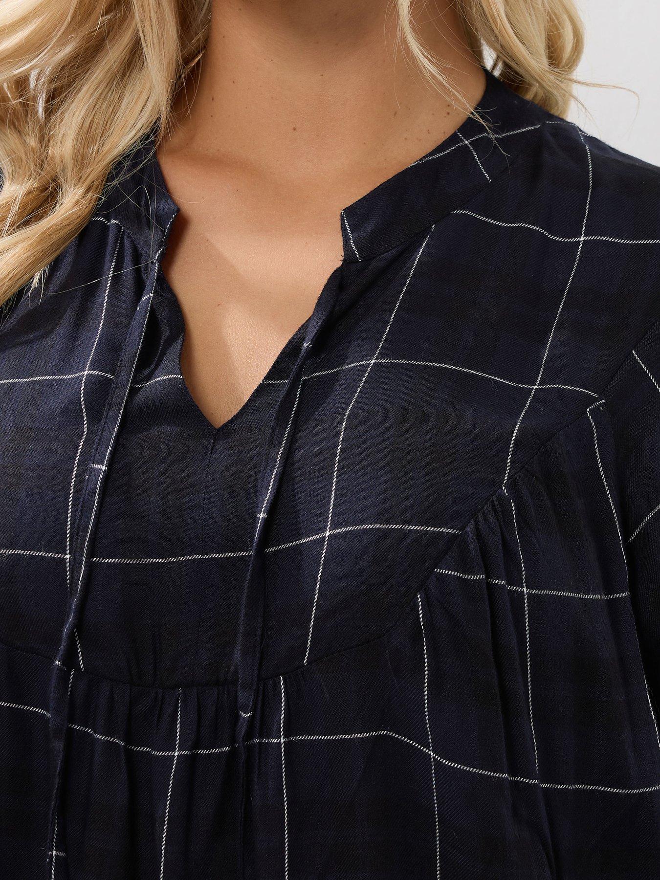 Image 4 of 4 of Yours Curve Check Tie Neck Blouse - Blue