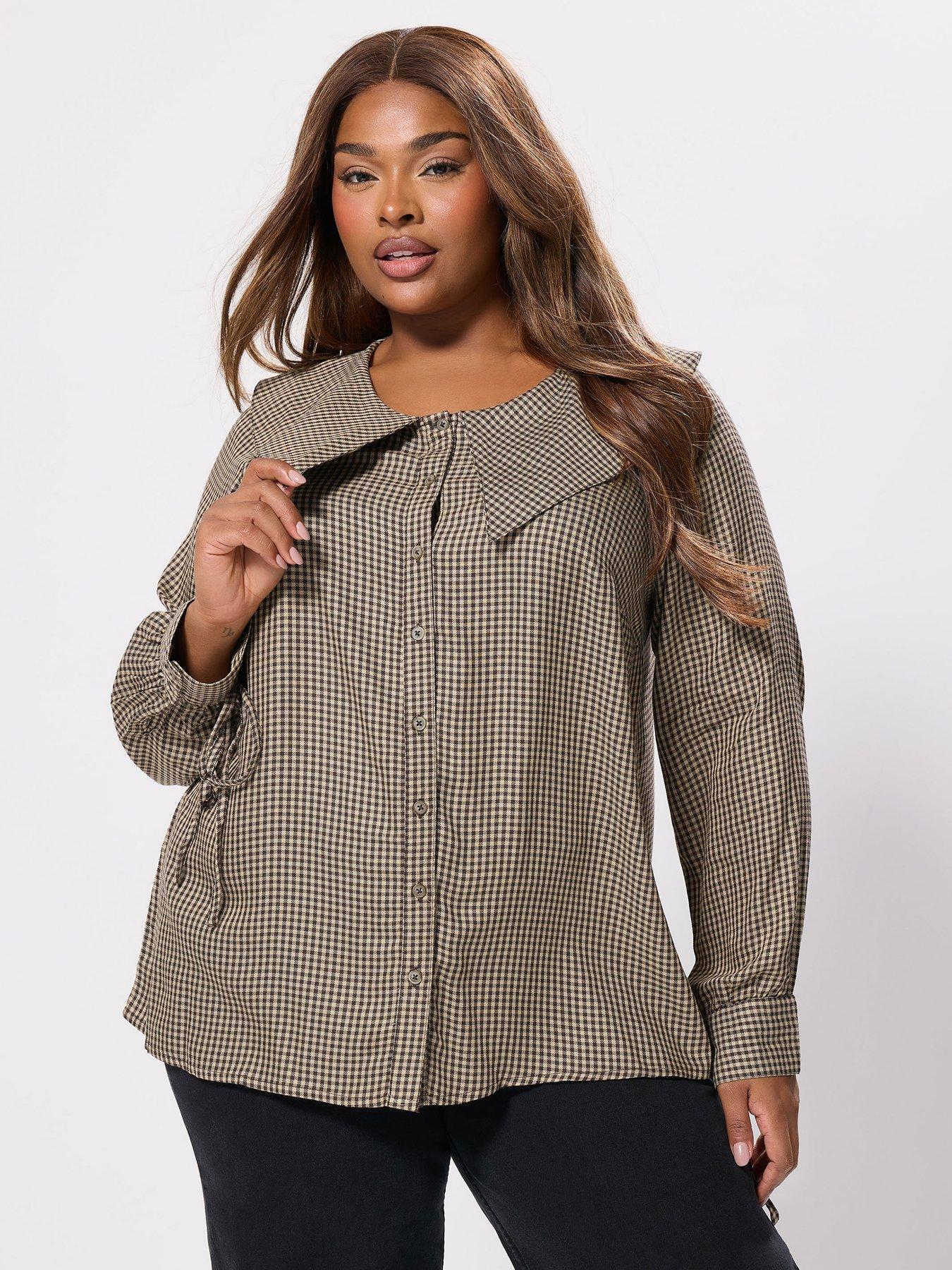 Yours Curve Collar Check Blouse - Natural