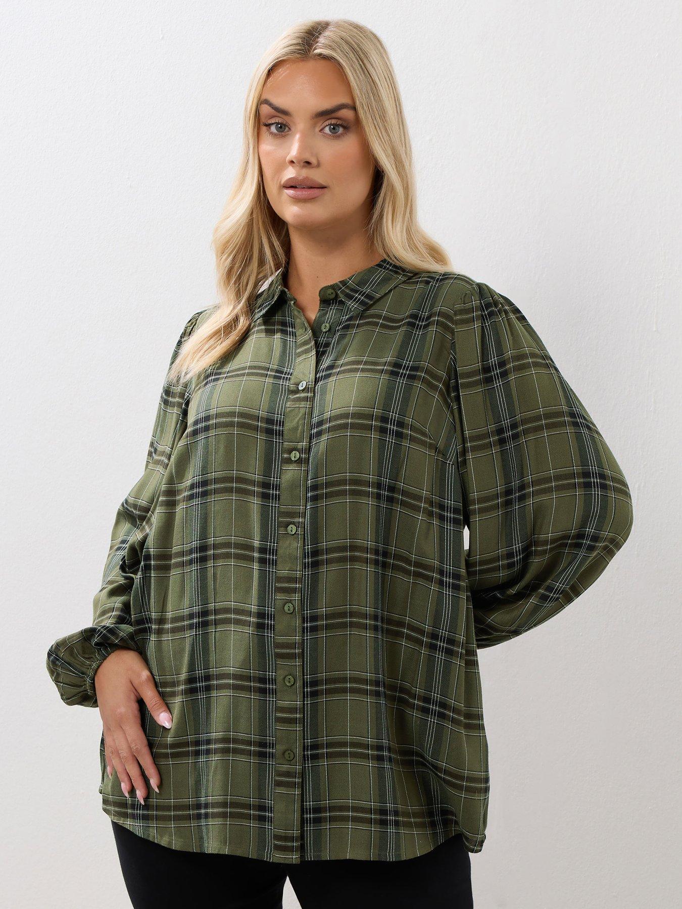 yours-curve-balloon-sleeve-check-blouse-green