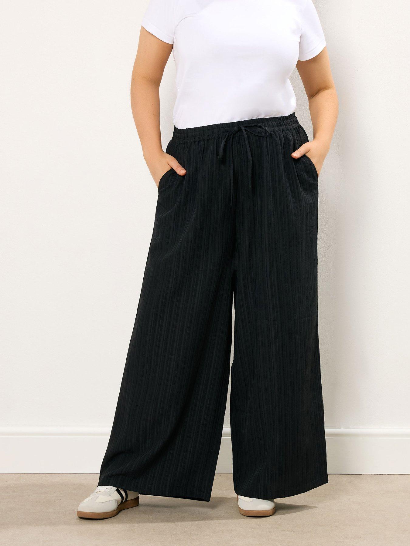 Yours Curve Crinkle Wide Leg Trouser - Black