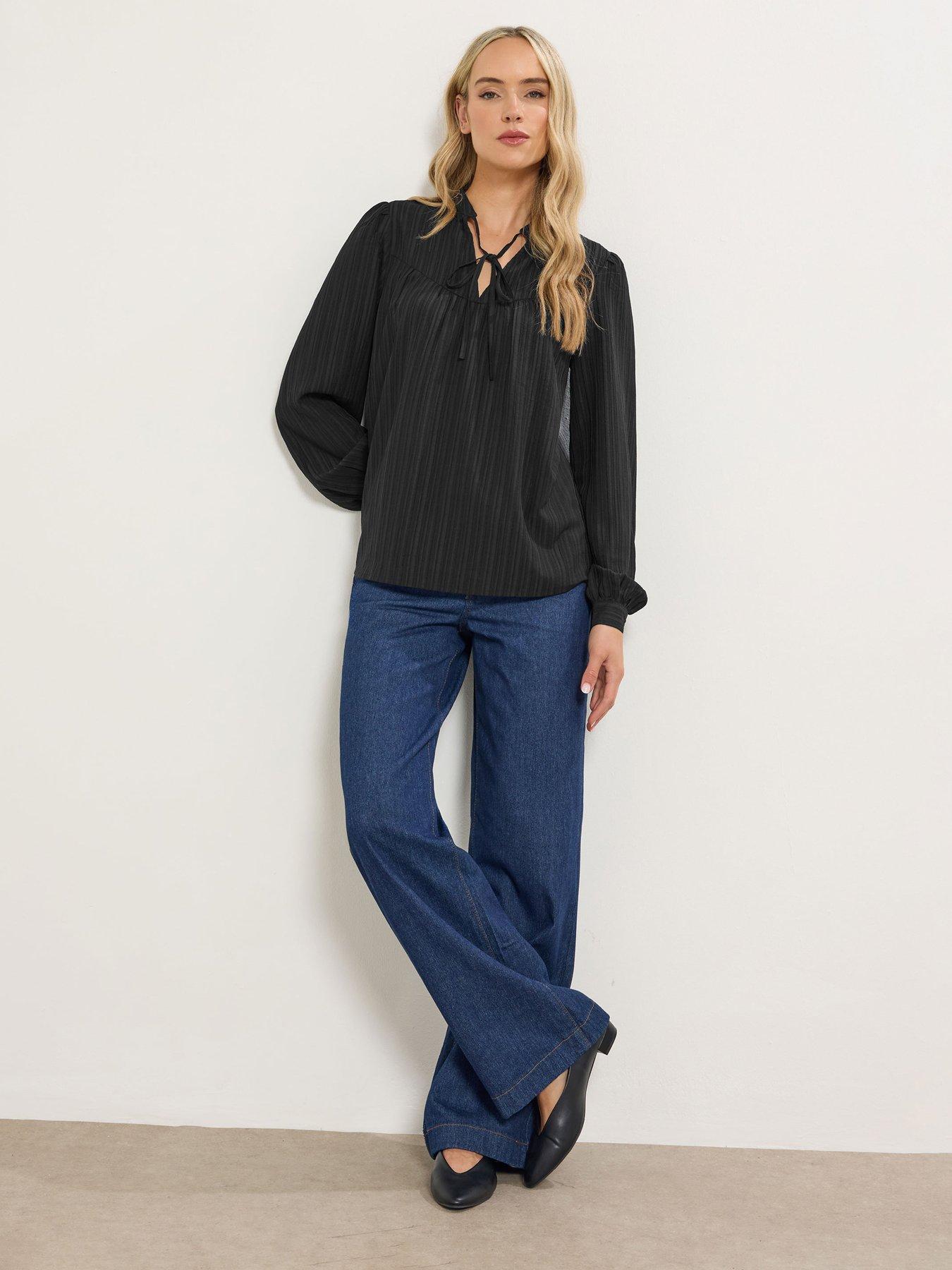 long-tall-sally-textured-tie-neck-top-blackfront