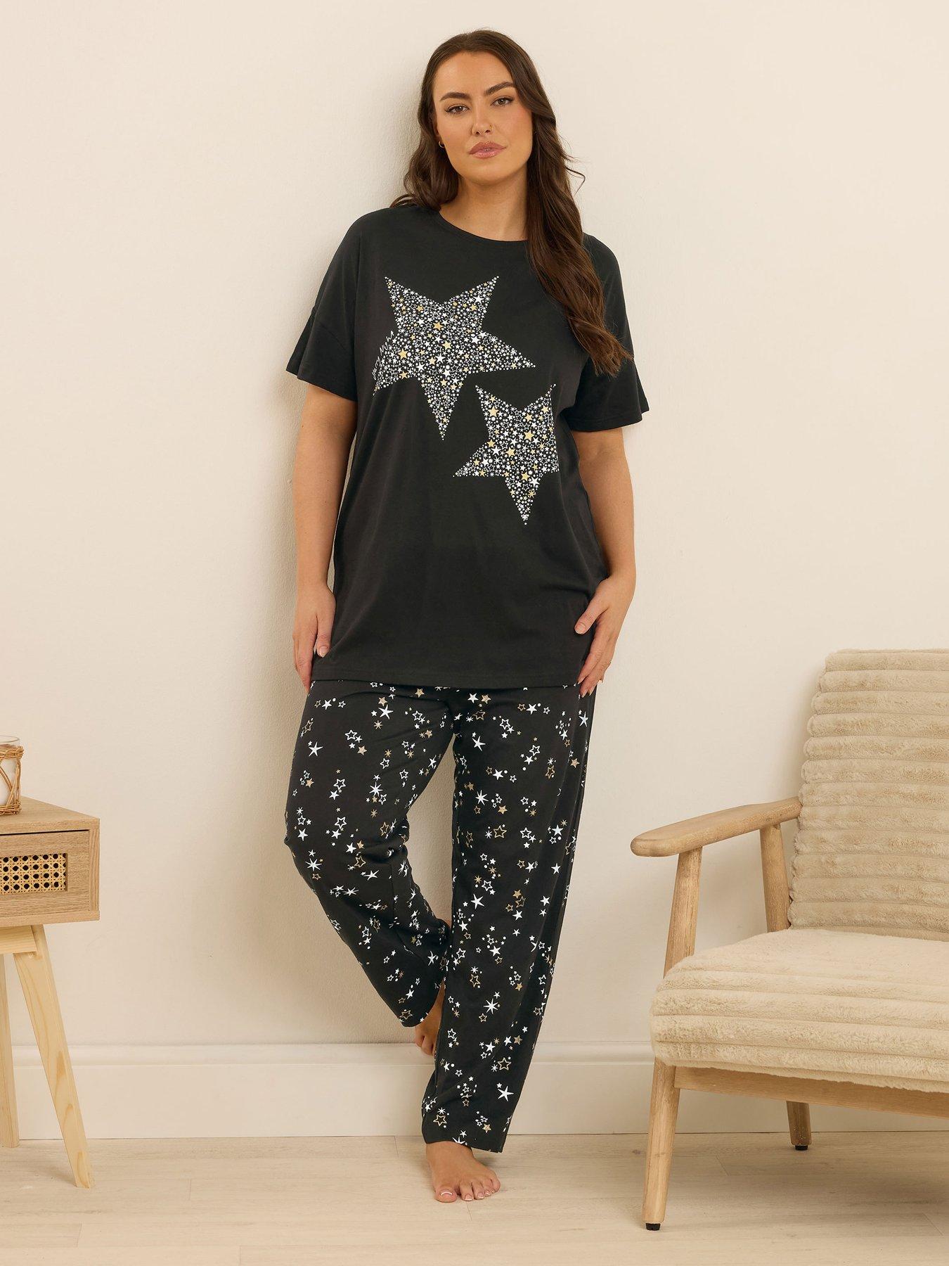 Yours Curve Starry Night Wide Leg Pj Set - Black
