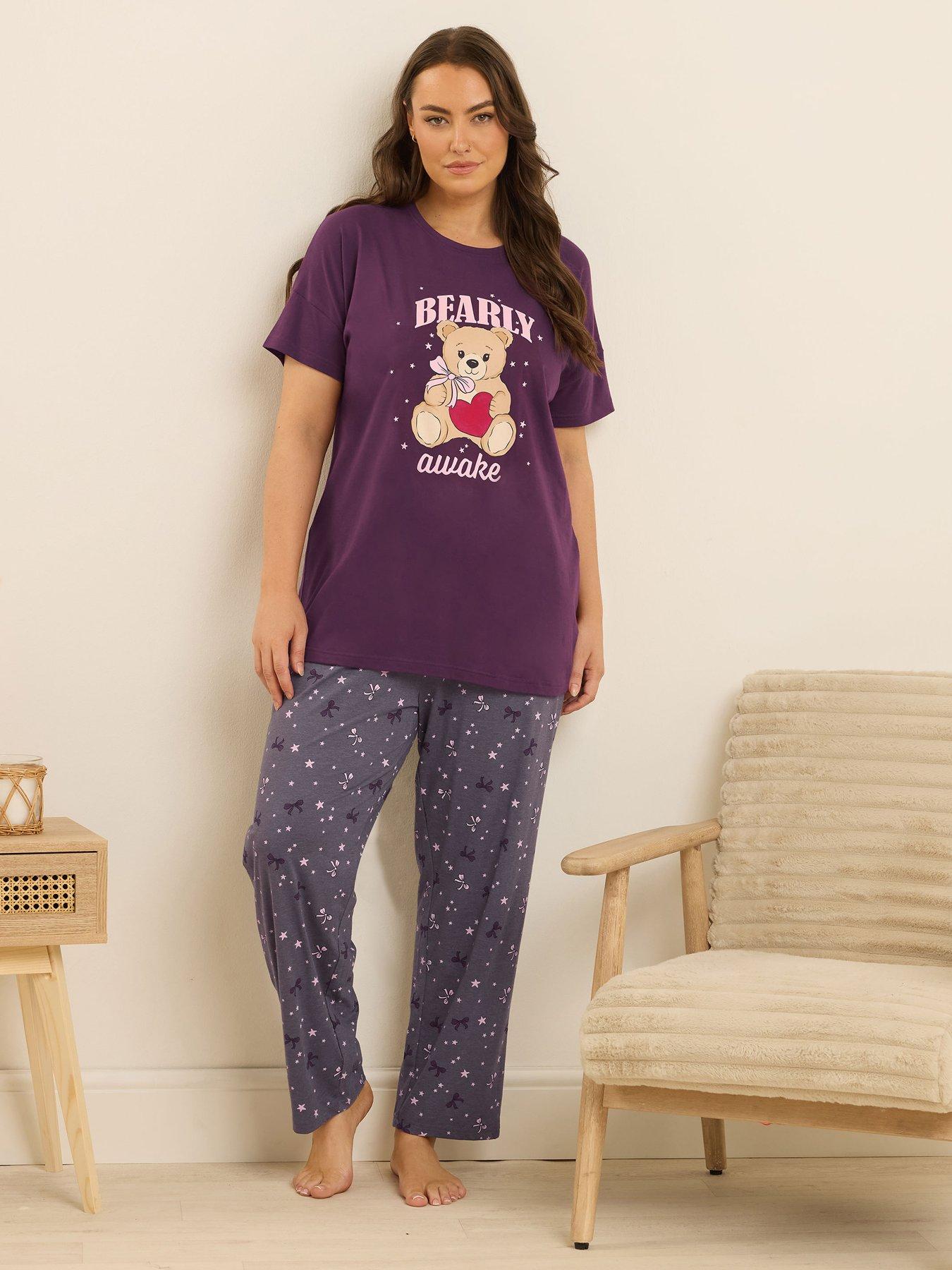 Yours Curve Bearly Awake Wide Leg Pj Set - Purple