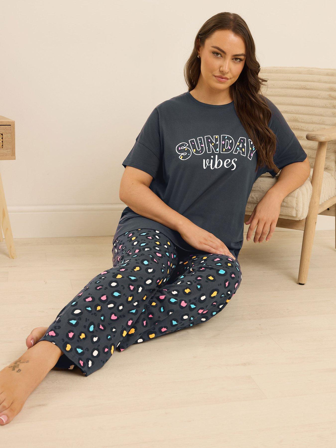 Image 1 of 4 of Yours Curve Sunday Vibes Wide Leg Pj Set - Blue