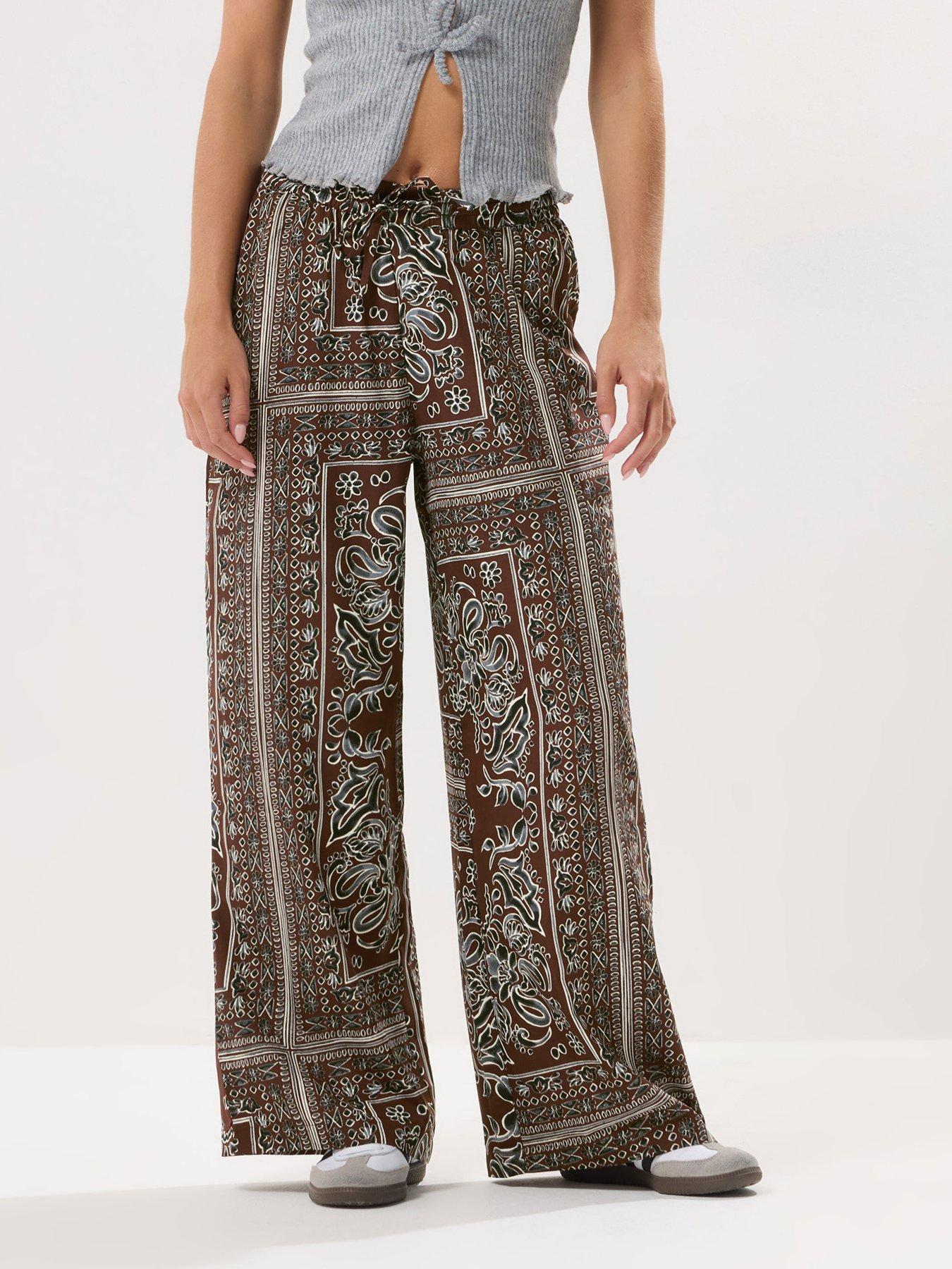 Image 1 of 4 of PixieGirl Petite Paisley Wide Leg Trousers - Brown